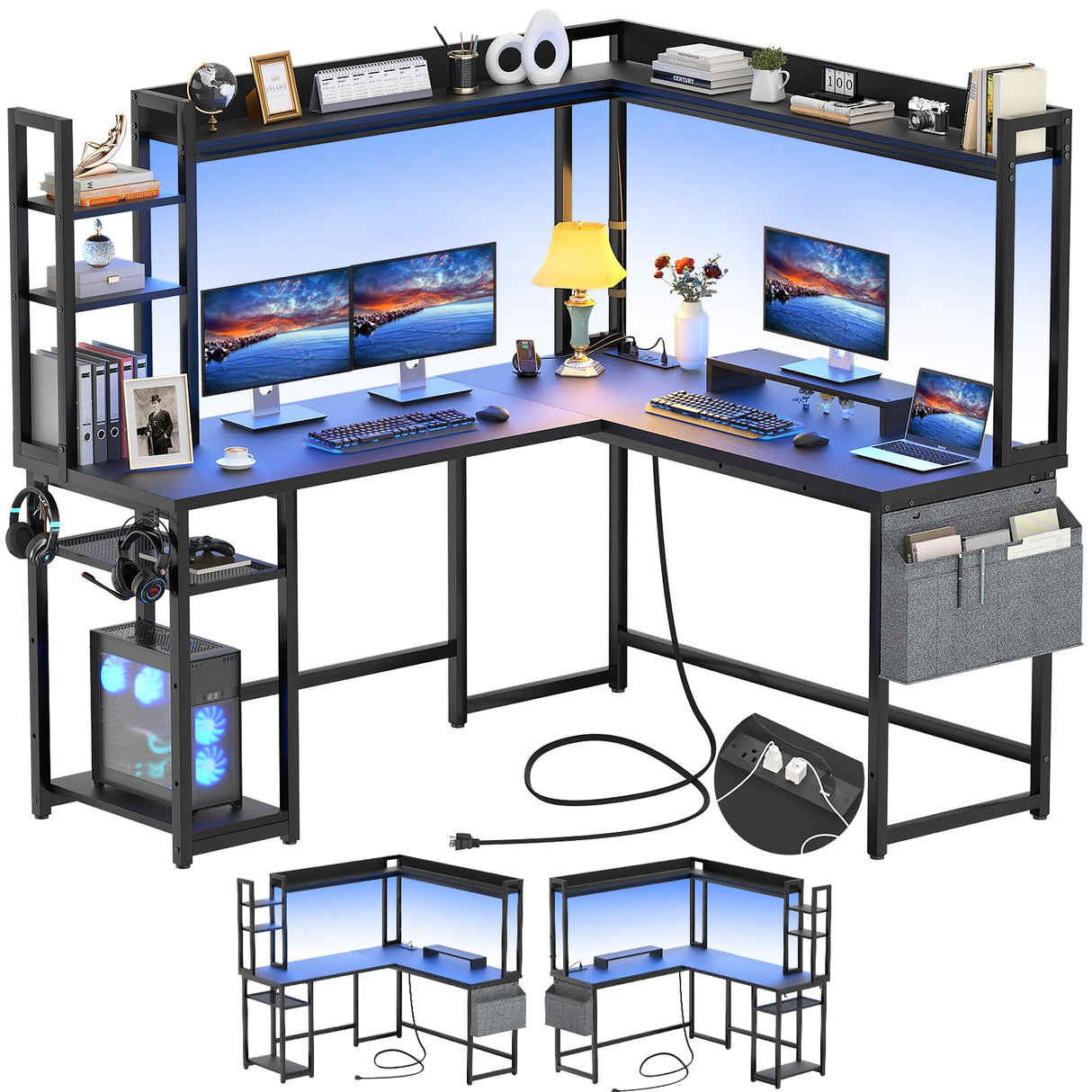 Aheaplus L Shaped Desk with Power Outlet, L Shaped Gaming Desk with Led Light & Hutch, Reversible Home Office Desk, Corner Computer Desk Writing Desk with Monitor Stand & Storage Shelves, Black Aheaplus