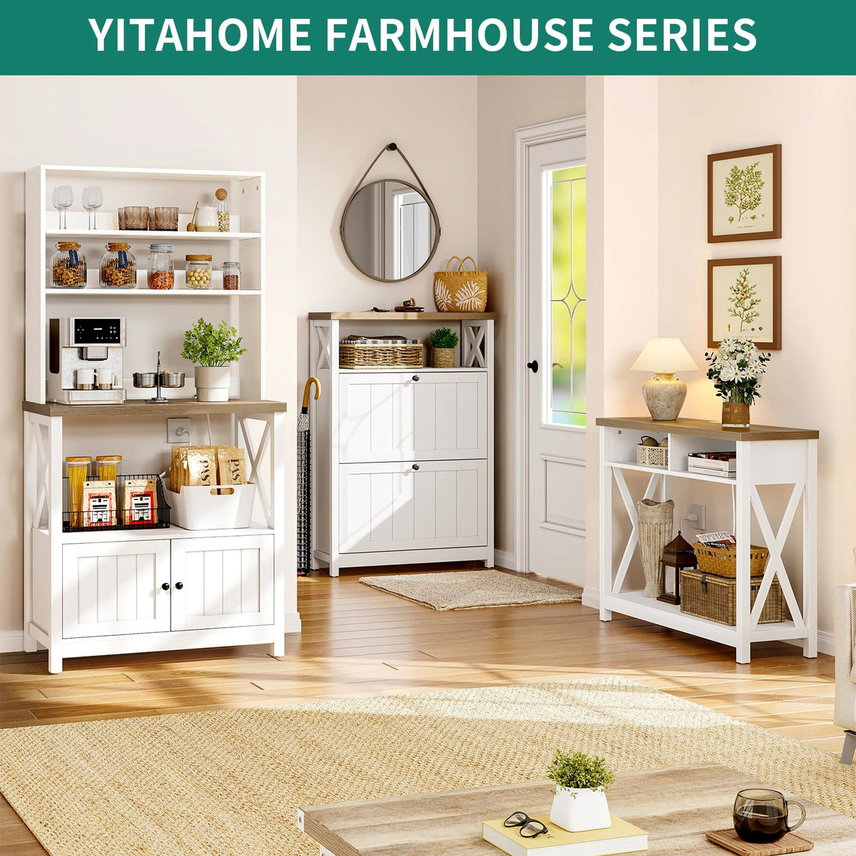 YITAHOME White Microwave Stand and Bakers Rack with Power Outlet, Durable Kitchen Pantry Cabinet and Storage Shelves YITAHOME