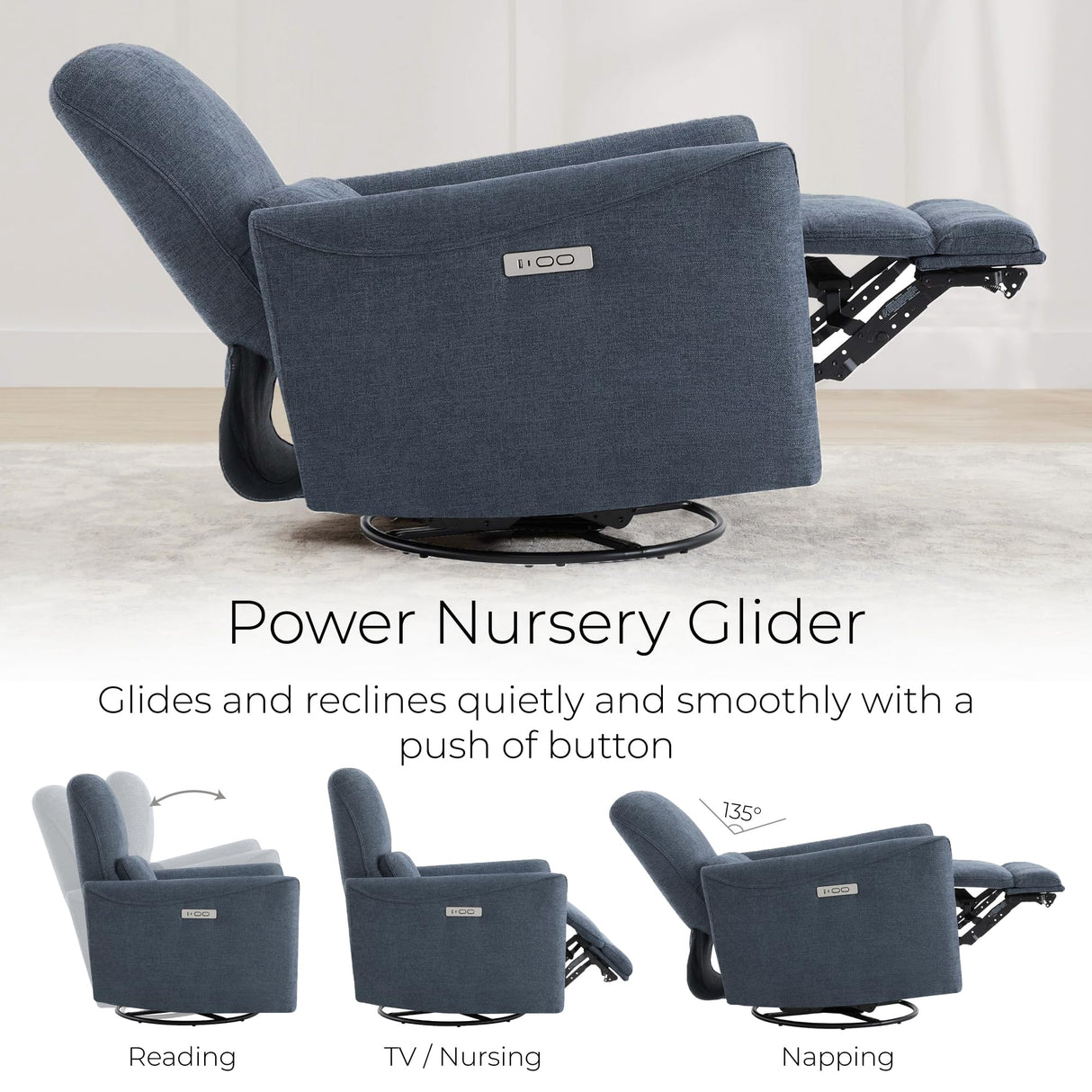 CHITA Power Recliner Chair Swivel Glider, FSC Certified Upholstered Fabric Living Room Nursery Reclining Sofa Chair with Lumbar Support, Ink Blue CHITA