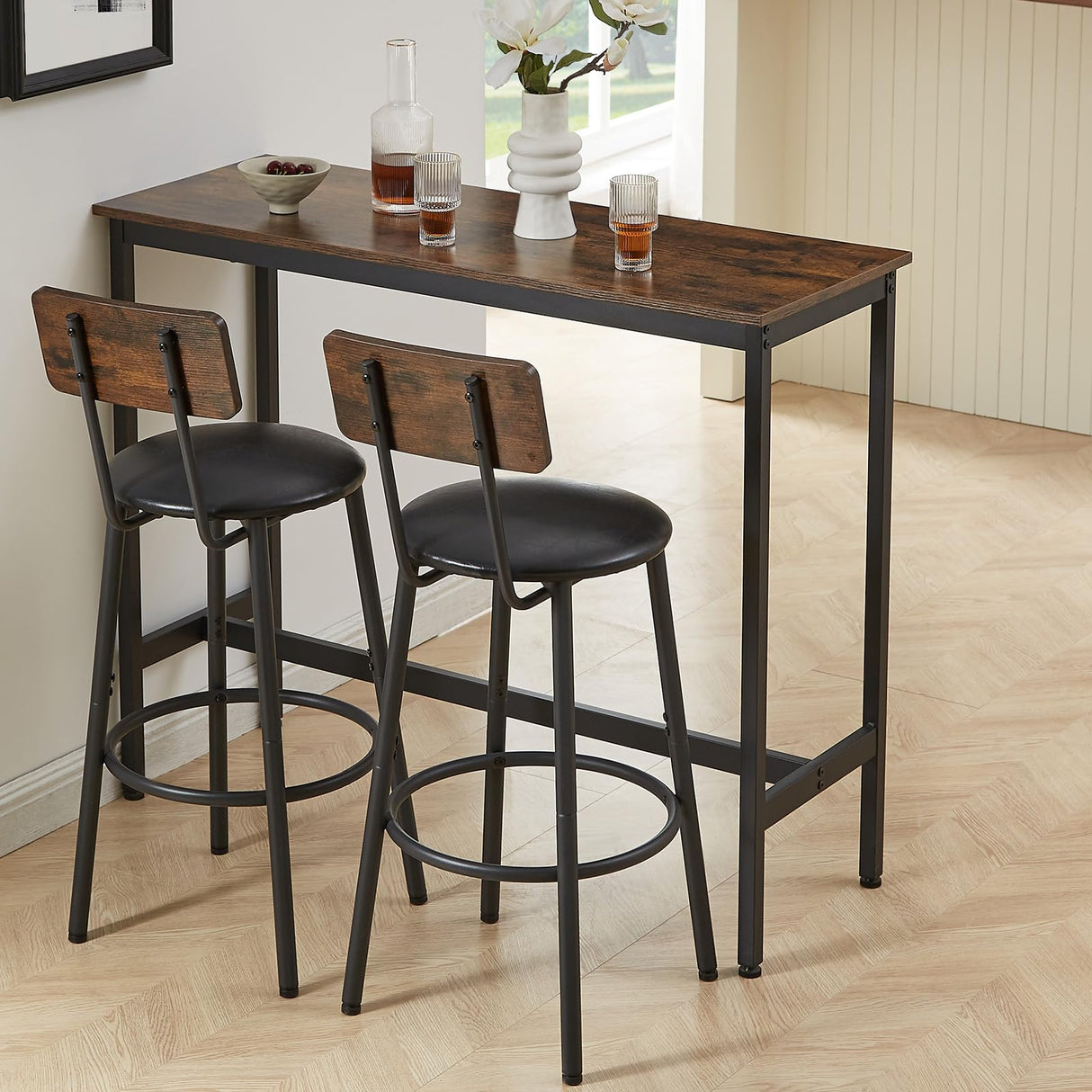VEPXXP Industrial Bar Table and Chairs Set for 2, 3-Piece Rectangular Pub Table with 2 Stools & Backrest, Counter Height Small Kitchen Table with Bar Chairs for Dining Room Small Space, Rustic Brown VEPXXP