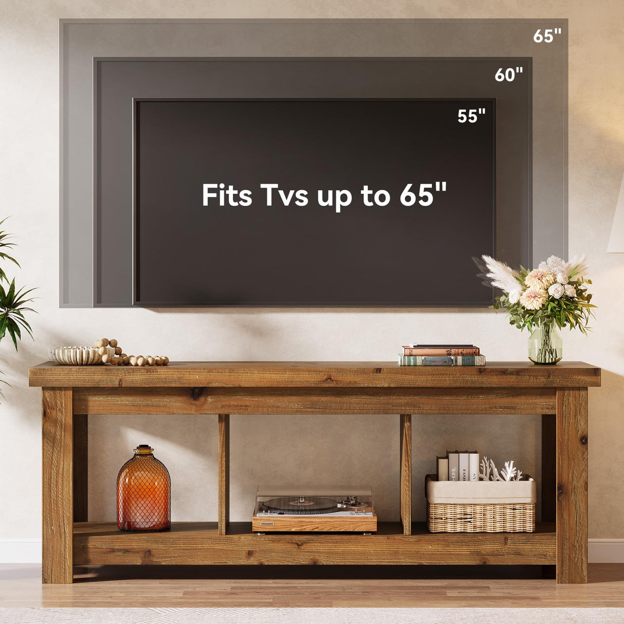Tribesigns 63" Solid Wood TV Stand, Entertainment Center for 65 inch TVs, Farmhouse Style with 3 Open Storage Shelves, Rustic Brown Console for Living Room Bedroom, Fits 55 60 65 75 Inch Television Tribesigns
