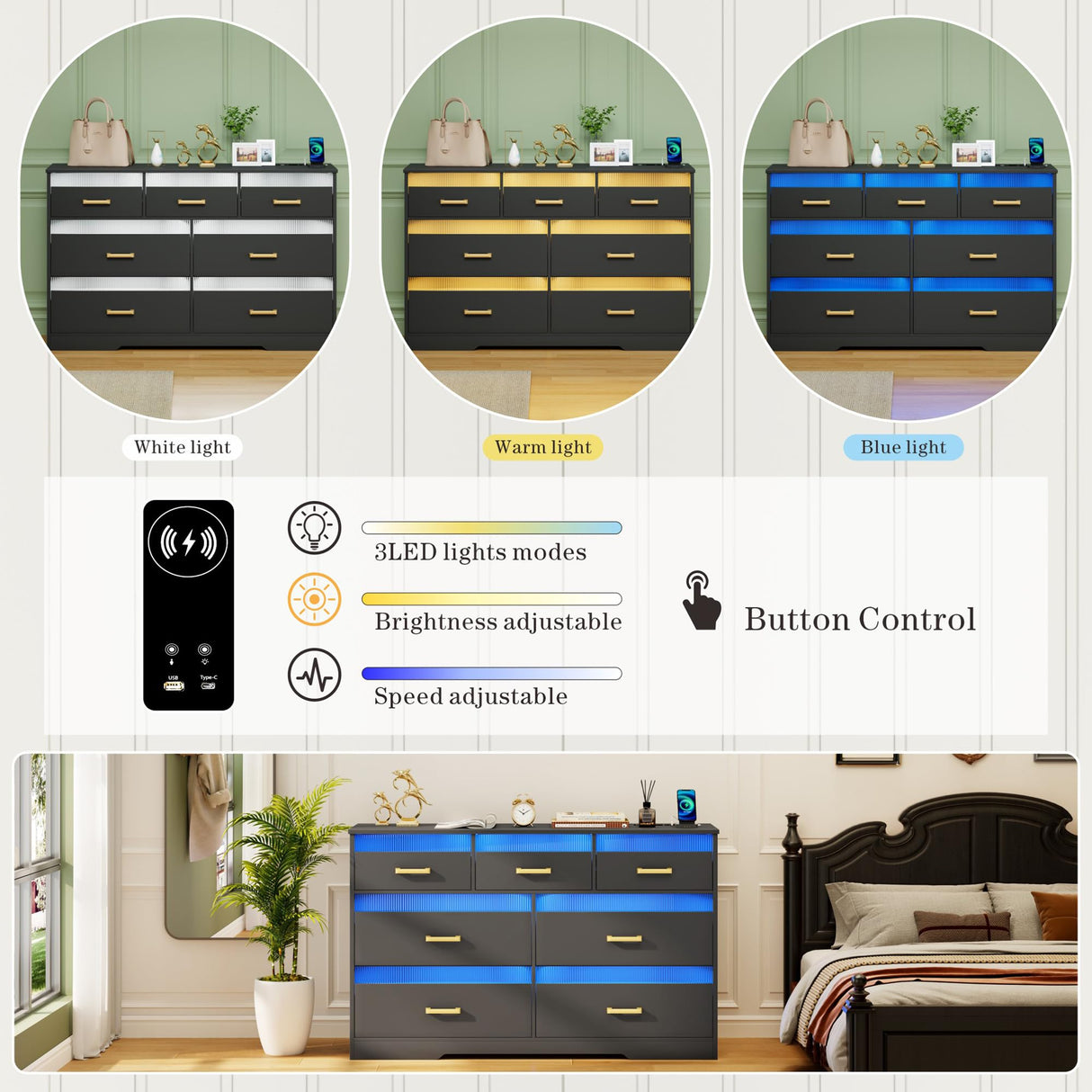 FREDEES 7 Drawers Dresser for Bedroom with LED Light, Large Chest of Drawers, Modern Black Dresser with Charging Station, Wood Bedroom Dressers for Closet/Living Room/Hallway FREDEES
