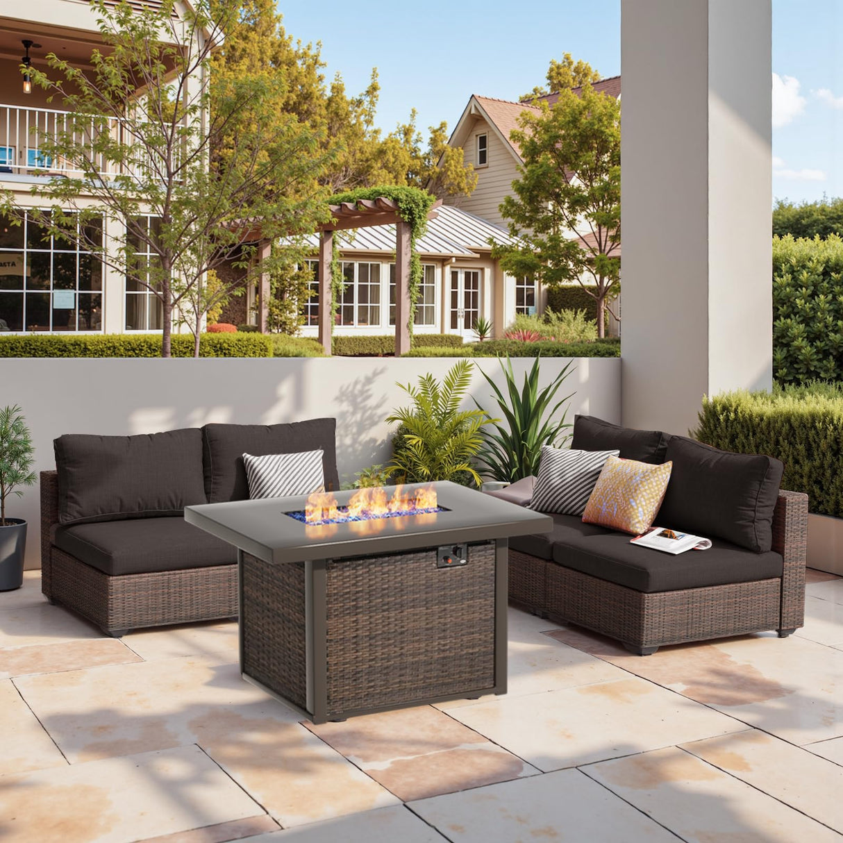 gaildon Patio Furniture Set, 5 PCS Outdoor Sectional Patio Furniture Set with 42" Fire Pit Table, Rattan Wicker Sofa Couch for Garden Backyard Deck Poolside, Black gaildon