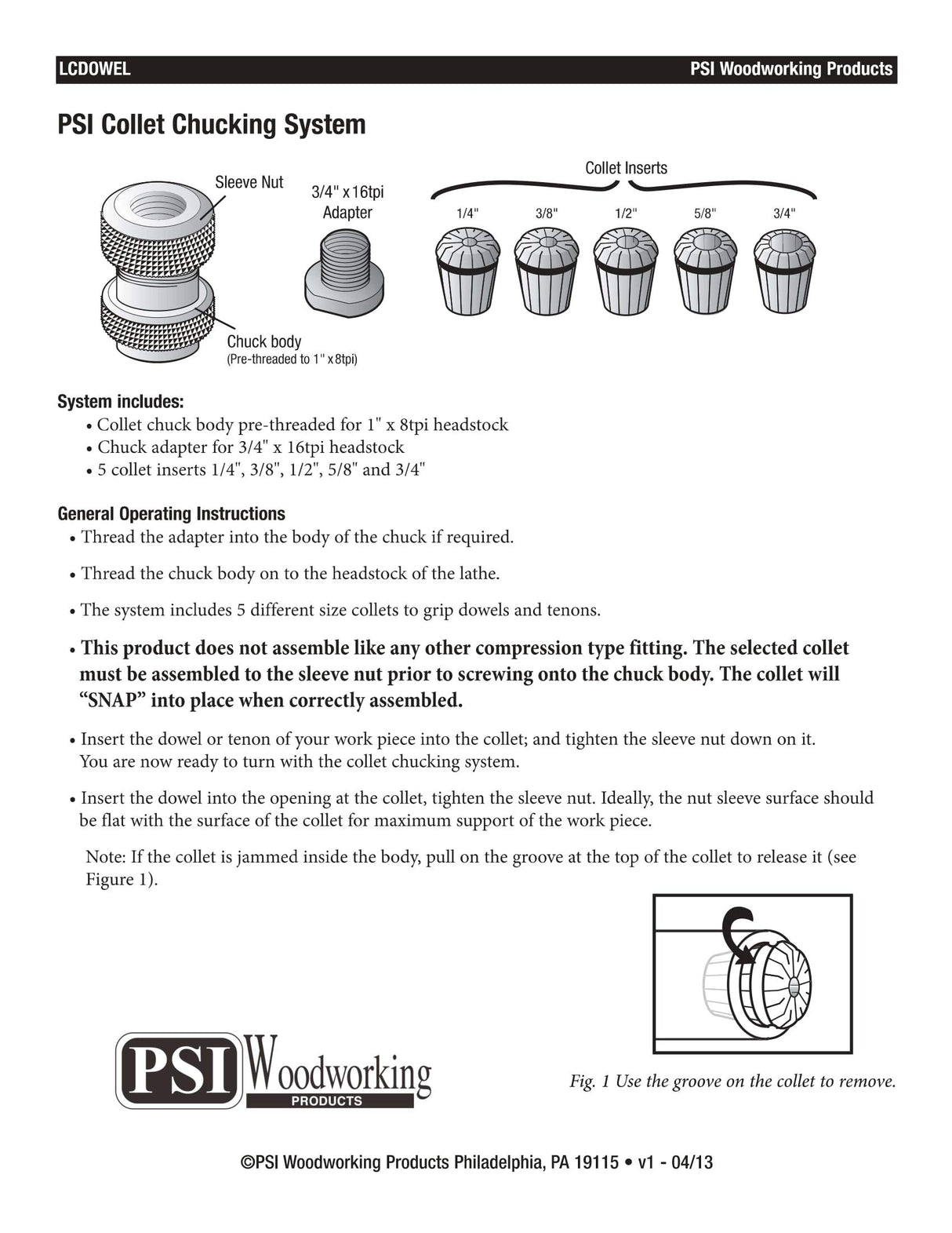 PSI Woodworking Products LCDOWEL Dowel Collet Chuck System PSI Woodworking