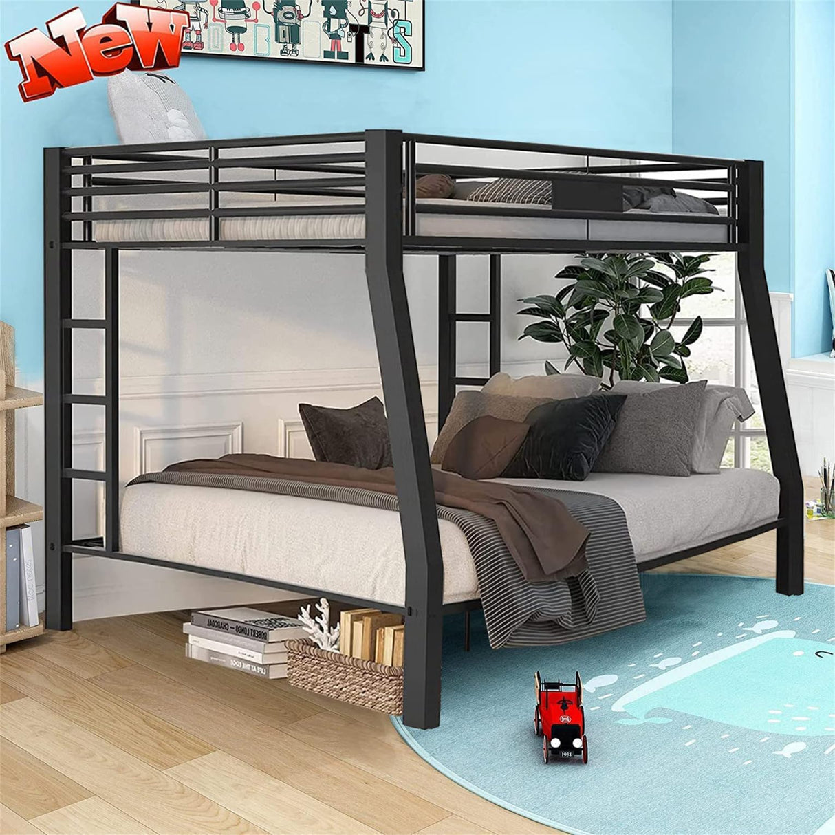LEEKOUS Upgraded Version Thicken Metal Full XL Over Queen Bunk Bed, Best Industrial Style Heavy Duty Bunk Beds Frame with Side Ladder and Safety Guard Rails for Kids, Adults (Full XL/Queen) LEEKOUS