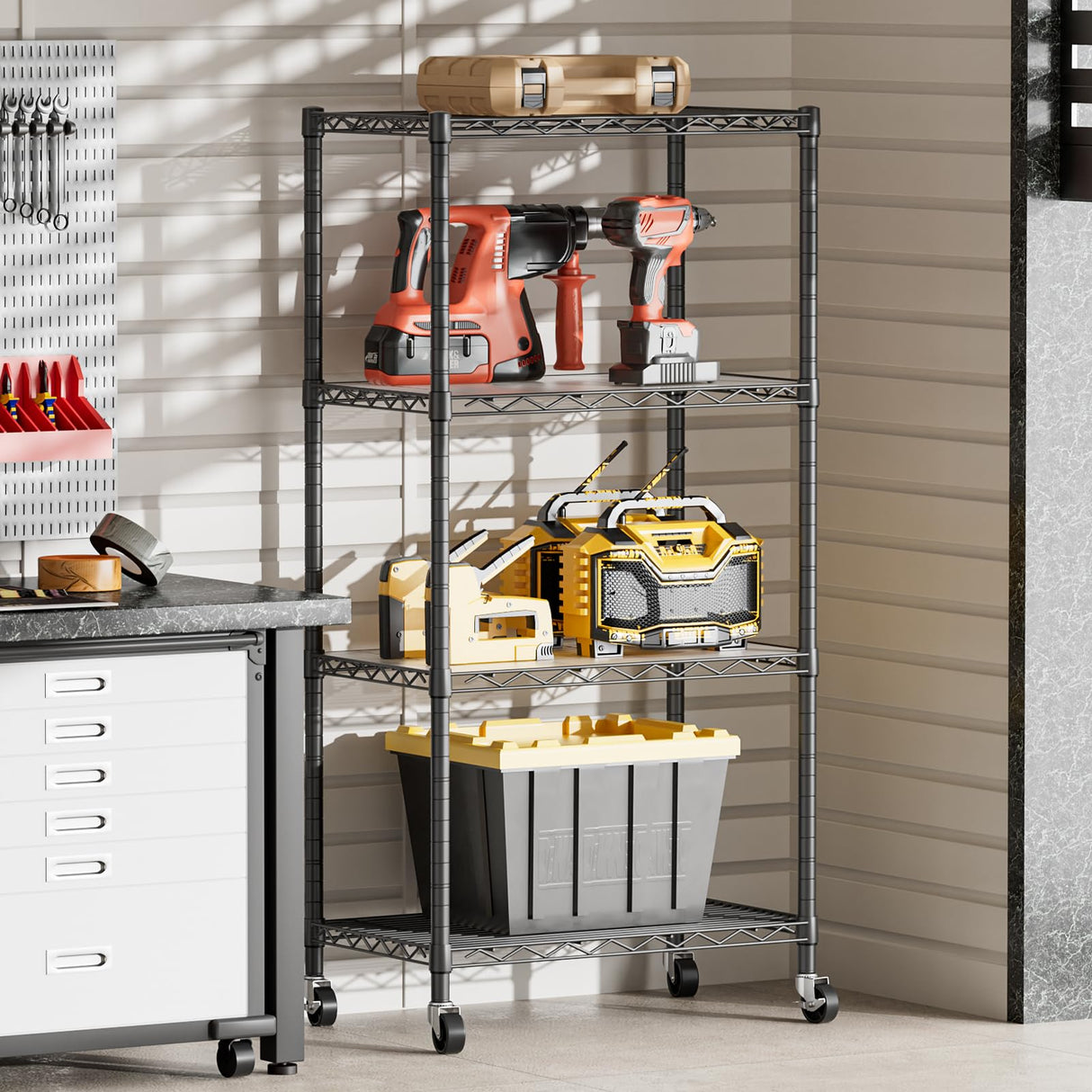 SINGAYE 4 Shelves Storage Shelf Wire Closet Bathroom Organizers Metal Pantry Kitchen Garage Shelving Unit Laundry Room Organization Home Rack Net Basket Black with Wheels SINGAYE