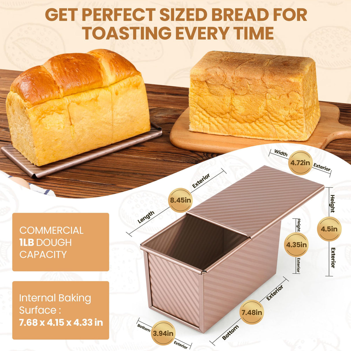 Yupjlia Pullman Loaf Pan with Lid, Premium 1 lb Dough Nonstick Bread Pan with Lid for Homemade Bread, Heavy Duty Carbon Steel Corrugated Sandwich Bread Loaf Pan with Cover for Baking Bread, Bakeware Yupjlia