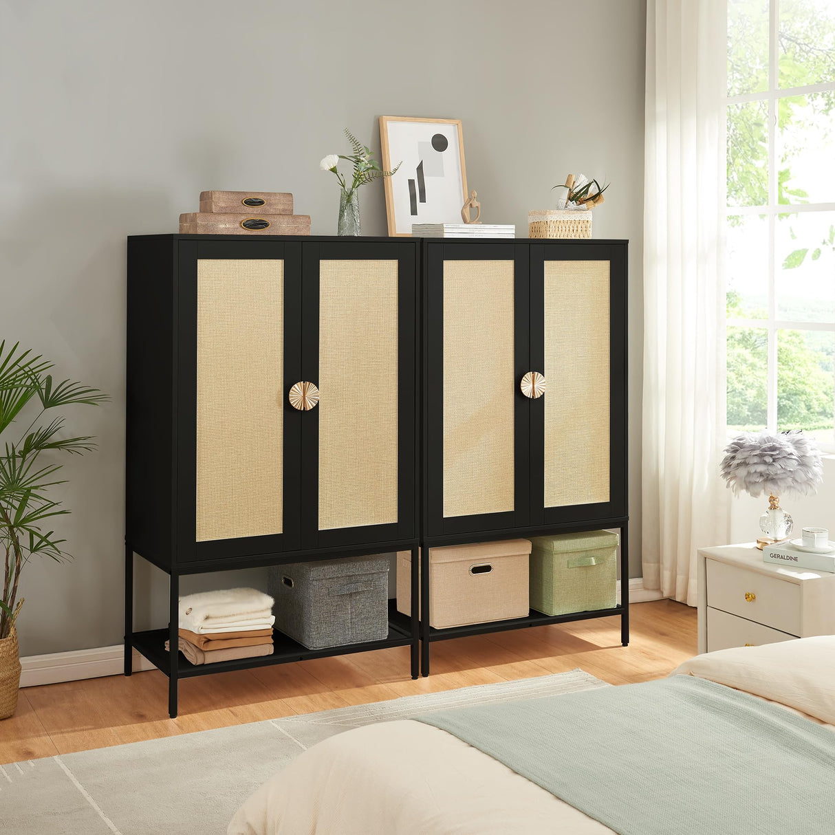 MtuxuYR Bedroom Armoire,Wooden Rattan Armoires Metal Frame with Large Storage Space & Elegant Handle 2 Doors for Bedroom(Black) MtuxuYR