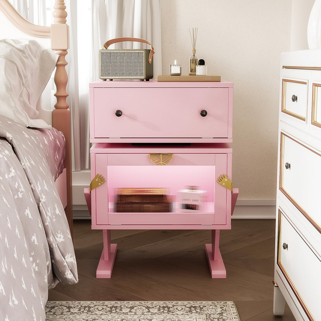 RoyalCraft Nightstand with LED Light Strips, Pink End Table with 360° Rotating Drawer, Modern Bedside Table with Glass Door Storage, Wood Night Stand Cabinet for Bedroom, Home Office, Pink RoyalCraft