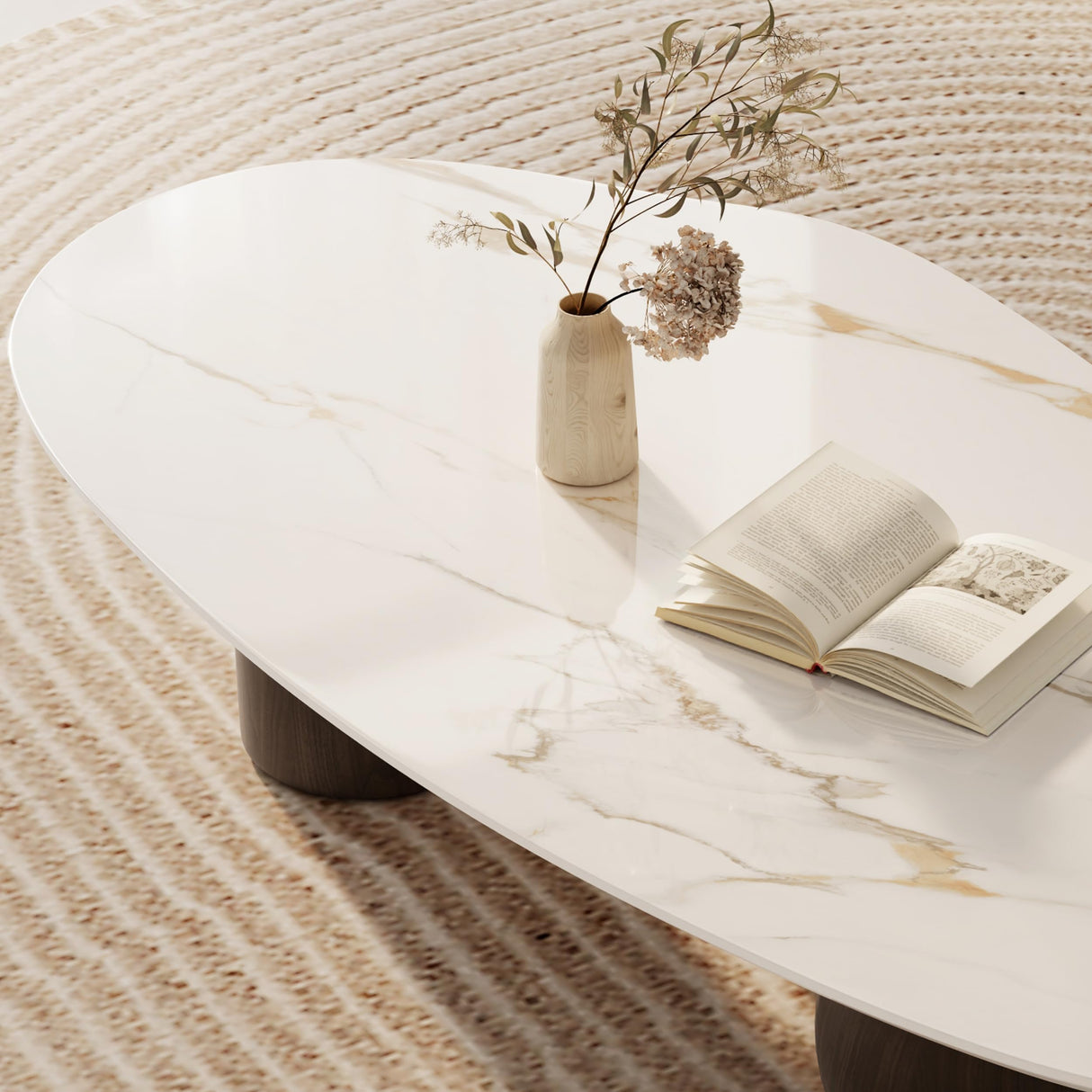 Modern Oval Coffee Table for Living Room, 54.33" Sintered Stone Cloud Coffee Tabletop with 3 Metal Legs, Minimalist Living Room Table Tea Table Center Table for Home Office FHKJ