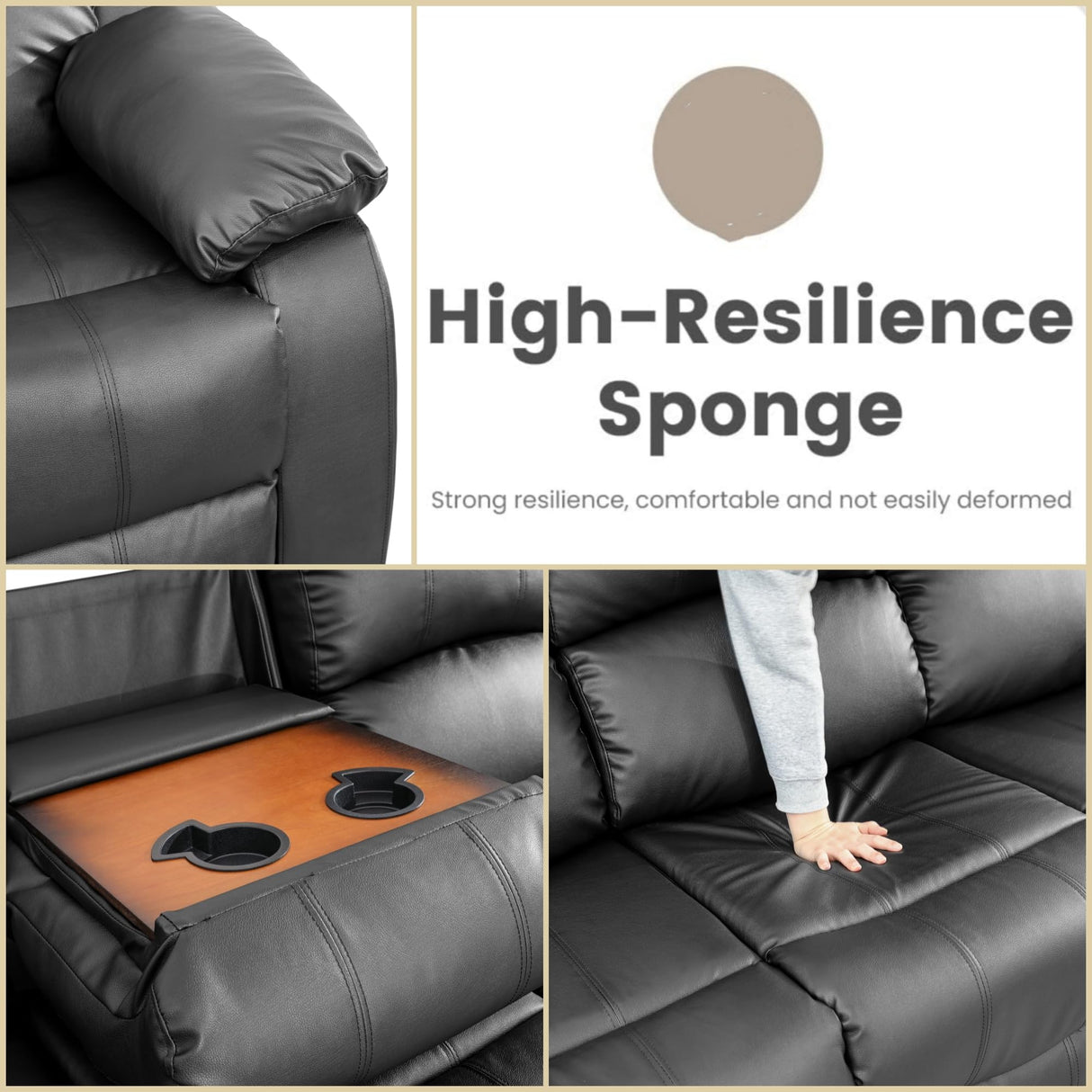 FONTOI Leather Recliner Sofa Couch, 3-Seater Home Theater Seating Reclining Sofa, Power Reclining Couch with Cup Holders & Drop Down Table for Living Room Furniture Sets, Black FONTOI