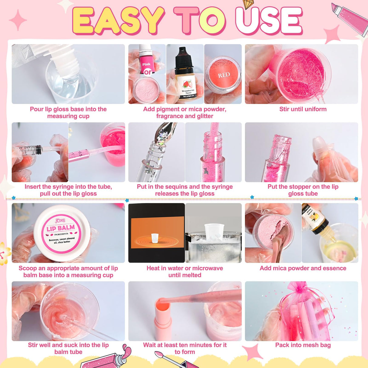 JCOOS Lip Gloss Making Kit and Lip Balm Making Kit, Make Your Own Lip Gloss Kit, Lip Balm Kit, Lipgloss Tubes, Moisturizing Base, Glitter, Kids Makeup Lipgloss Sets for Girls, Fun Stuff for Teens Gift Jcoos