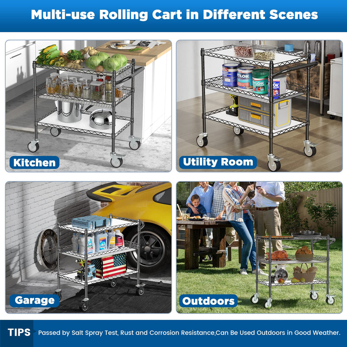 Leteuke 3 Tier Rolling Carts with Wheels,990Lbs Heavy Duty Rolling Utility Cart,NSF Commercial Grade Metal Cart with Handle&Shelf Liner,Trolley Serving Cart for Kitchen,Restaurant,Plant Display,Black Leteuke