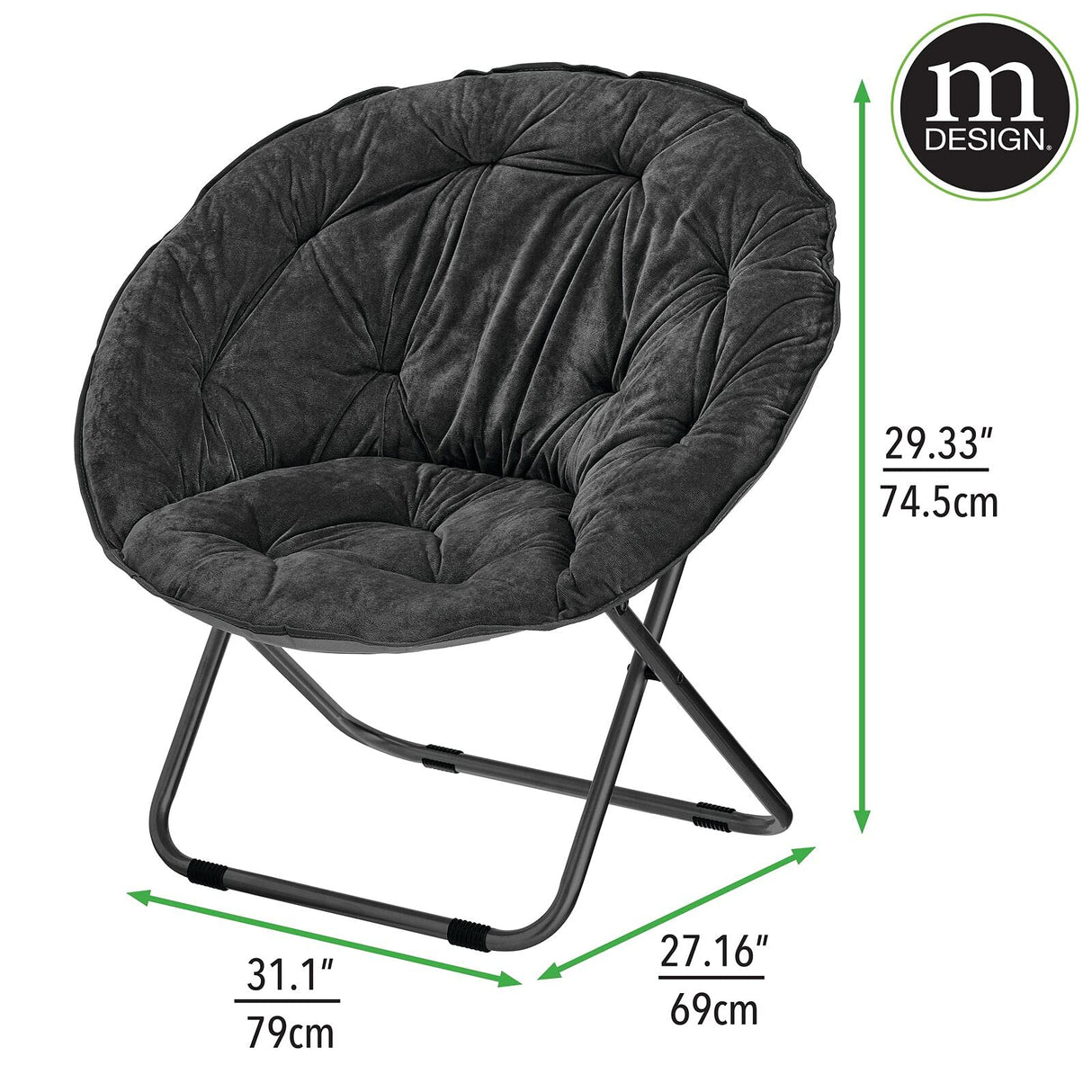 mDesign Urban Papasan Folding Moon Chair - Large Saucer UFO Chair with Collapsible Metal Frame - Fuzzy Foldable Dish Seat for Home Office, Living Room, Dorm Room, and Bedroom - Black mDesign
