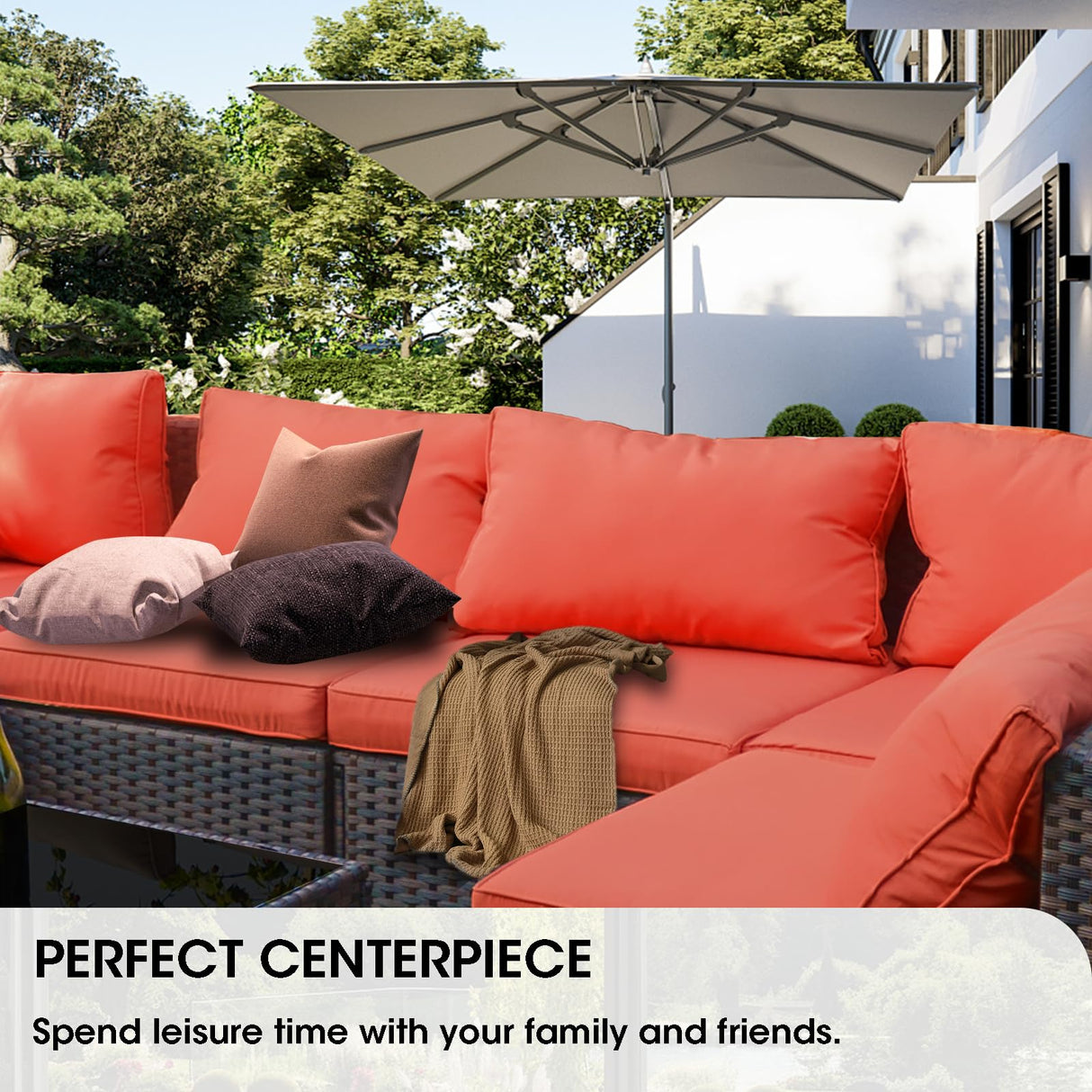 Grezone 9 Piece Patio Furniture Set with 44" Fire Pit Table, Outdoor Sectional Couch, PE Rattan Patio Conversation Sets with 4inch Cushions for Backyard Red Grezone