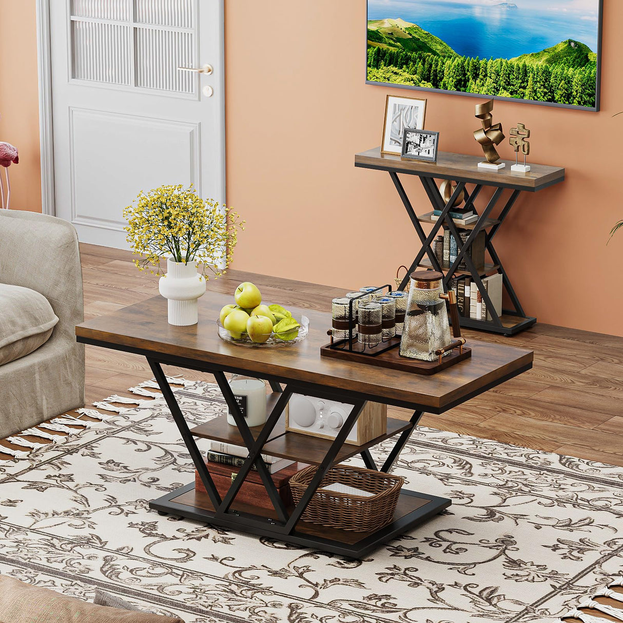 Espelism Coffee Table with Storage Industrial 3 Tier Center Living Room Table Farmhouse Wooden Rectangle Cocktail Rustic Tea Table for Office Bedroom(Brown)