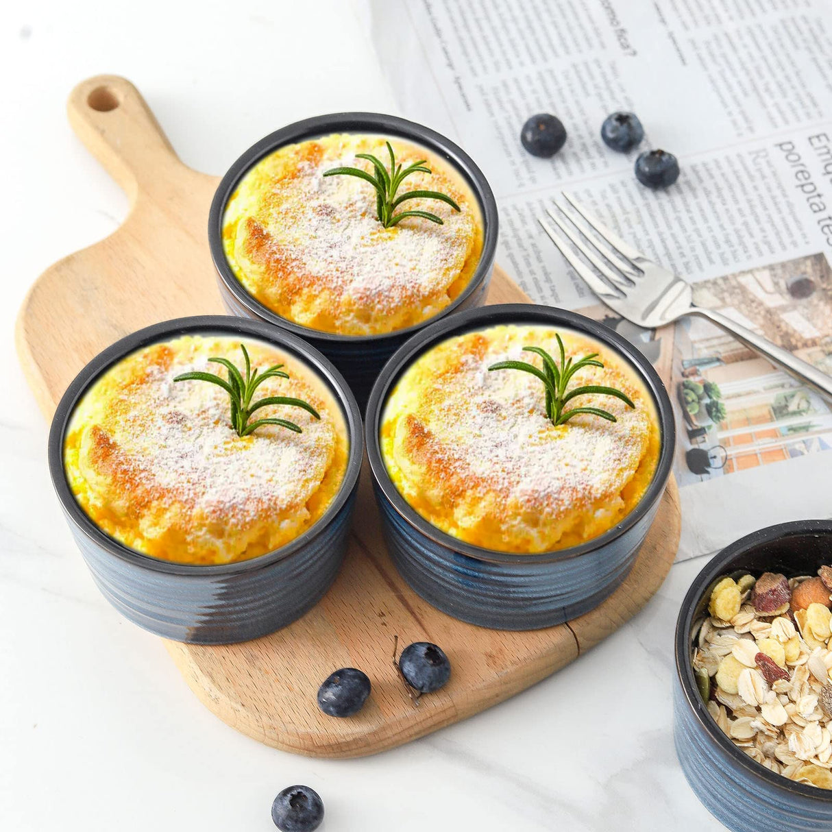 Tikooere Ceramic Ramekins 6 oz, Oven Safe Souffle Dish Set of 6 for Baking, Porcelain Dipping Sauce Bowls for Creme Brulee,Stackable Custard Cups for Pudding, Ice Cream, Lava Cakes, Blue Tikooere