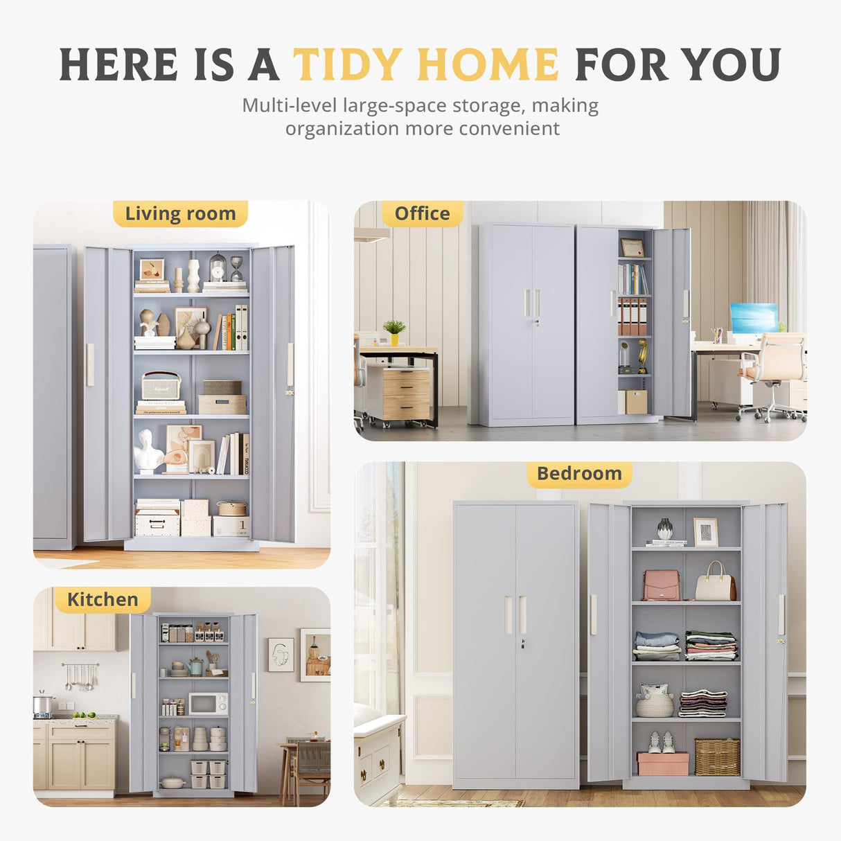 SUNCROWN 63" Metal Storage Cabinets with Lock, Tool Cabinet, Locking Steel Storage, Tall Locker Organizer Garage Cabinets with 2 Doors and 4 Shelves for Home,Garage,Office, Dark Grey SUNCROWN