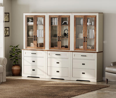 WAMPAT 3 Column 73.3" Tall Bookcase with Glass Door, 94.5" Wide Rustic Wood Bookshelves with Chest of Drawers, Modern Farmhouse Display Cabinet with Adjustable Shelves for Home,Office,White&Oak