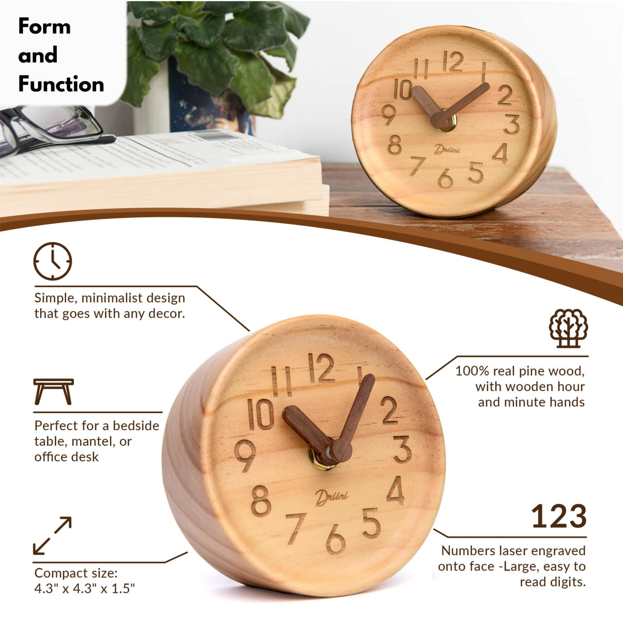 Driini Wooden Analog Desktop Clock – 4.3 in. Decorative Pinewood Clock, No-Tick Design – Easy to Read Silent Sweep Mantle Clock – Quiet Tabletop Clocks with Wood Body, Hands, & Battery Cover; Light Driini
