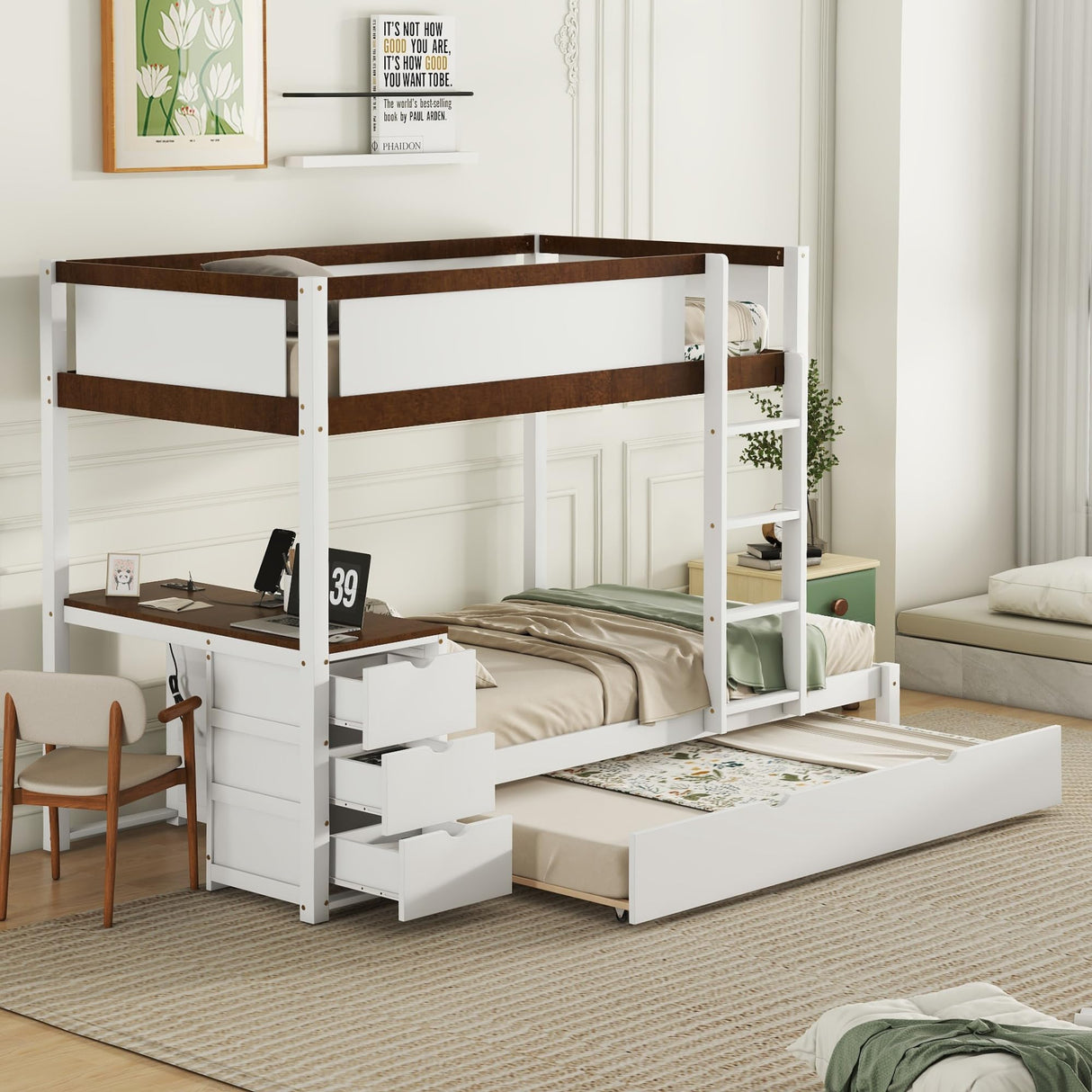Linique Twin-Over-Twin Bunk Bed with Twin Size Trundle, Ladder & Full-Length Gurardrails, Writing Desk with USB Ports, 3-Hole Socket & 3 Drawers, White+Walnut Linique