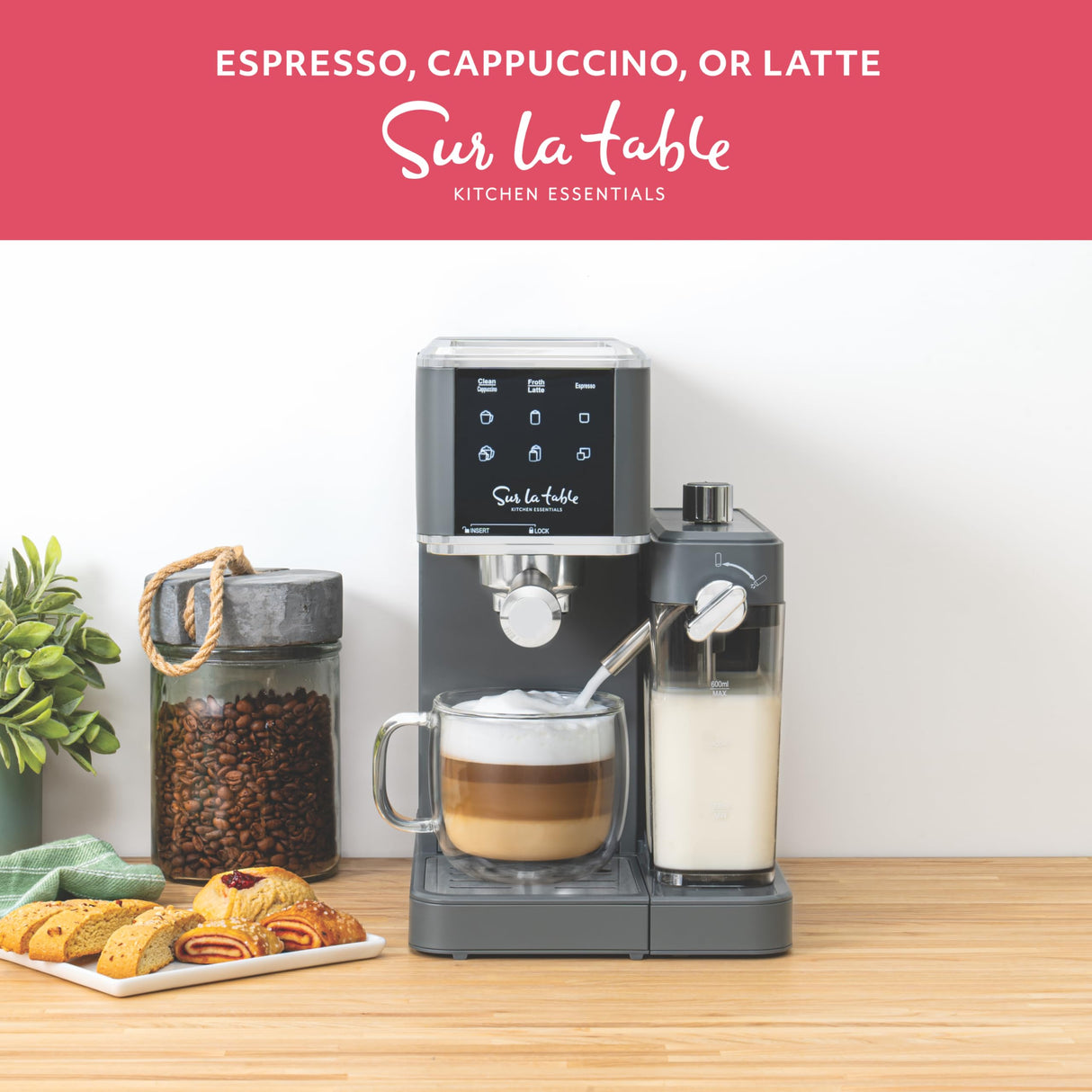 SUR LA TABLE KITCHEN ESSENTIALS 6-IN-1 Espresso Maker - Brew Lattes, Cappuccinos and Single or Double Espressos, Automatic Milk Frother and Digital LED Touchscreen Display, 1350w Sur La Table