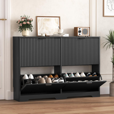 Shoe Cabinet Storage for Entryway with 4 Flip Drawers, Black Fluted Shoe Cabinet with Adjustable Shelves, Wooden Hidden Shoe Rack Freestanding Narrow Slim Shoes Storage for Hallway, Entrance