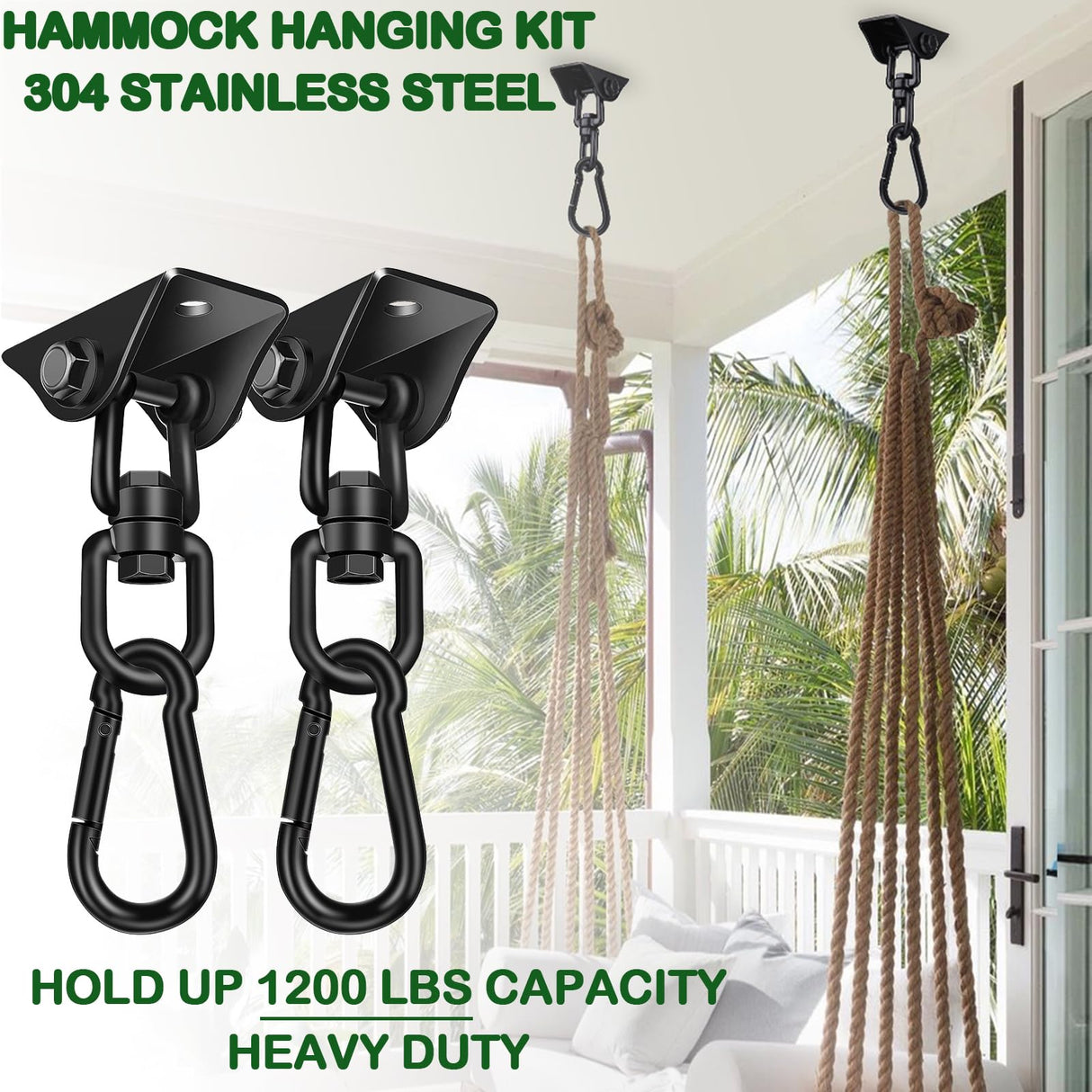 Hammock Hanging Kit 2 Pack, Porch Swing Hanging Kit 1200 Lb Capacity, Hammock Ceiling Hooks Heavy Duty 360°Rotating Hanging Swing Chair Hardware for Hammock Chair Stand, Porch, Yoga, Gym Feanron
