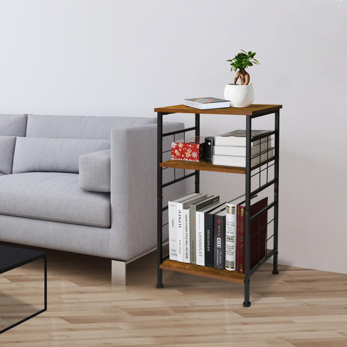 GIOTORENT 3-Tier Tall End Table, Narrow Night Stand with #-Design Sturdy Frame, Small Bed Side Table for Small Space in Living Room,Bedroom,Office,Bathroom(Brown) GIOTORENT