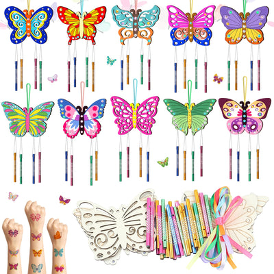TREACLUB 10 Pack Butterfly Wind Chime Kit for Kids Make Your Own Butterfly Wind Chime Wooden Crafts DIY Make a Wind Chime Kit DIY Coloring Butterfly Ornaments for Girls Boys