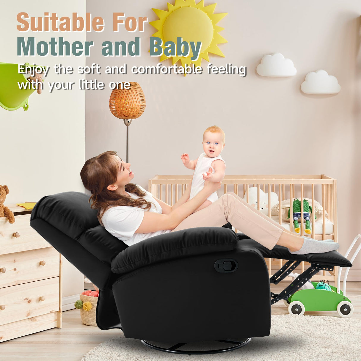 hzlagm Swivel Rocker Recliner, Rocking Recliners Chair for Small Spaces, Small Rocker Recliner Chair, Nursery Rocking Chairs for Living Room, RV, Nursery, Black hzlagm