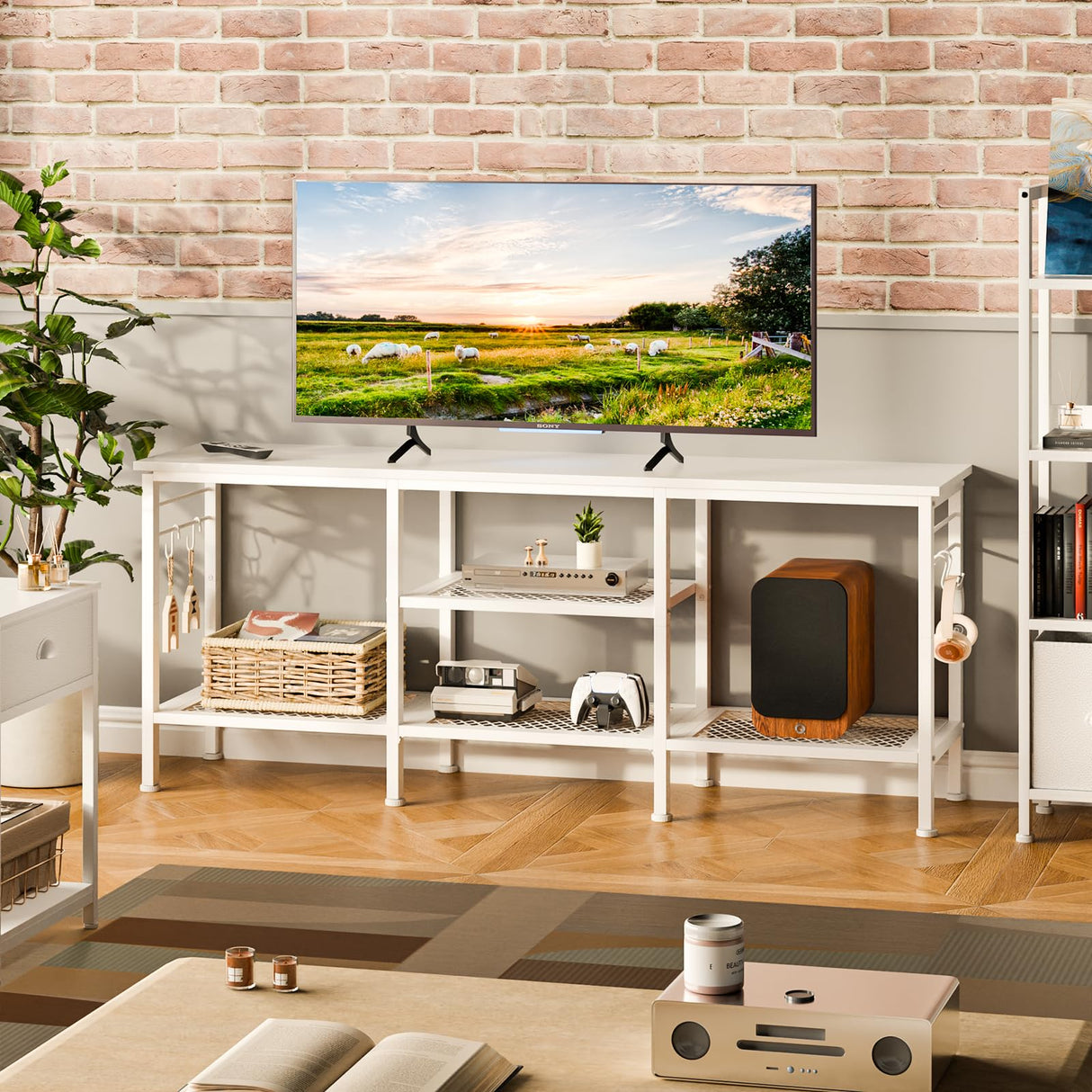 Furologee TV Stand for TVs up to 55 Inch, Entertainment Center with Open Storage Shelves, TV Media Console Table with Soundbar Shelf for Living Room, Bedroom, White Furologee