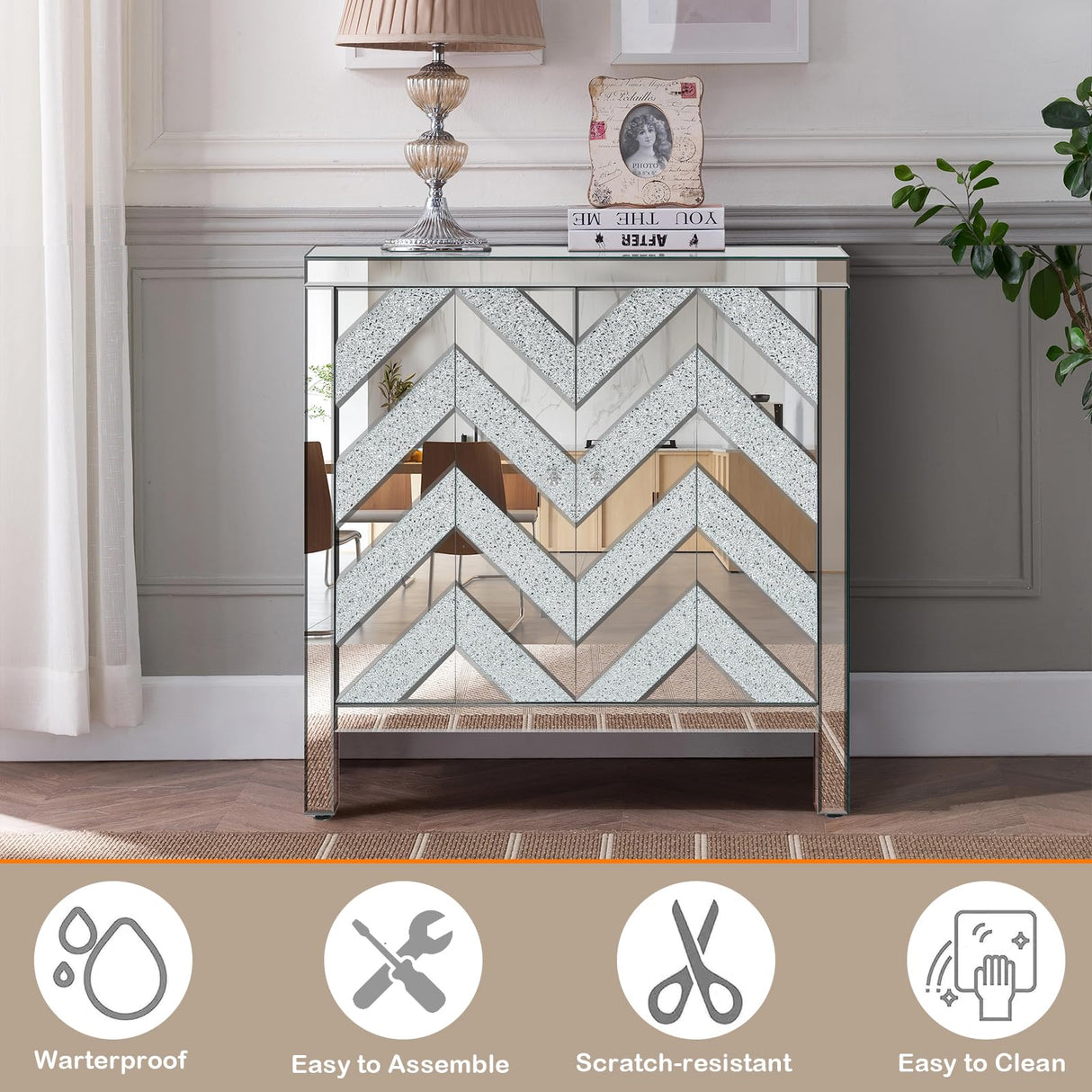 Goujxcy Mirror Storage Cabinet with Diamond Trim, Modern Silver Mirrored Sofa Console Table, Elegant Buffet Sideboard Entrance Cabinet Drawer Chest for Entryway Living Room Bedroom Kitchen Goujxcy