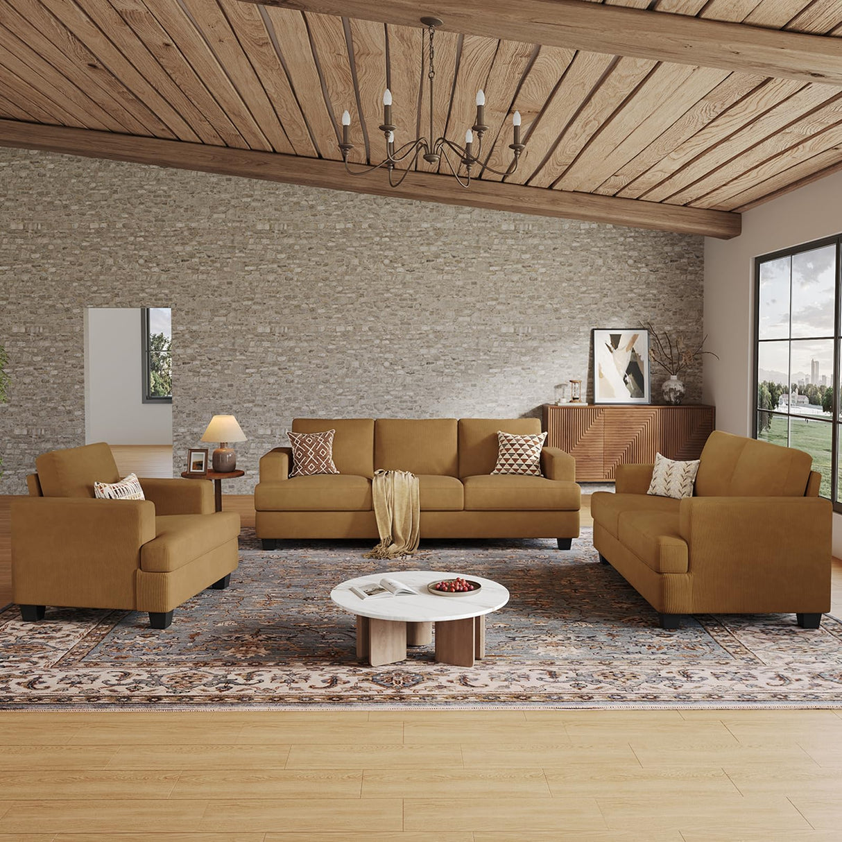 COPIAE 89 Inch Sofa with Extra Deep Seats Oversize, 3 Seater Sofa for Living Room, Modern Couch and Sofa, Comfy Armrests and Seats and Backrests, Easy Installation, Corduroy Fabric Ginger Yellow COPIAE