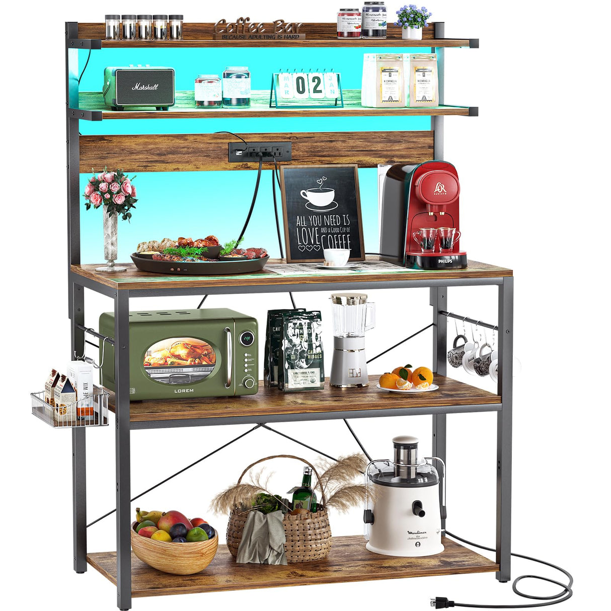 Aheaplus Bakers Rack with Power Outlet, Microwave Stand, 5 Tiers Coffee Bar Station with Led Lights, Kitchen Storage Shelf with 6 S-Shaped Hooks, Kitchen Rack Coffee Bar Stand, Rustic Brown Aheaplus