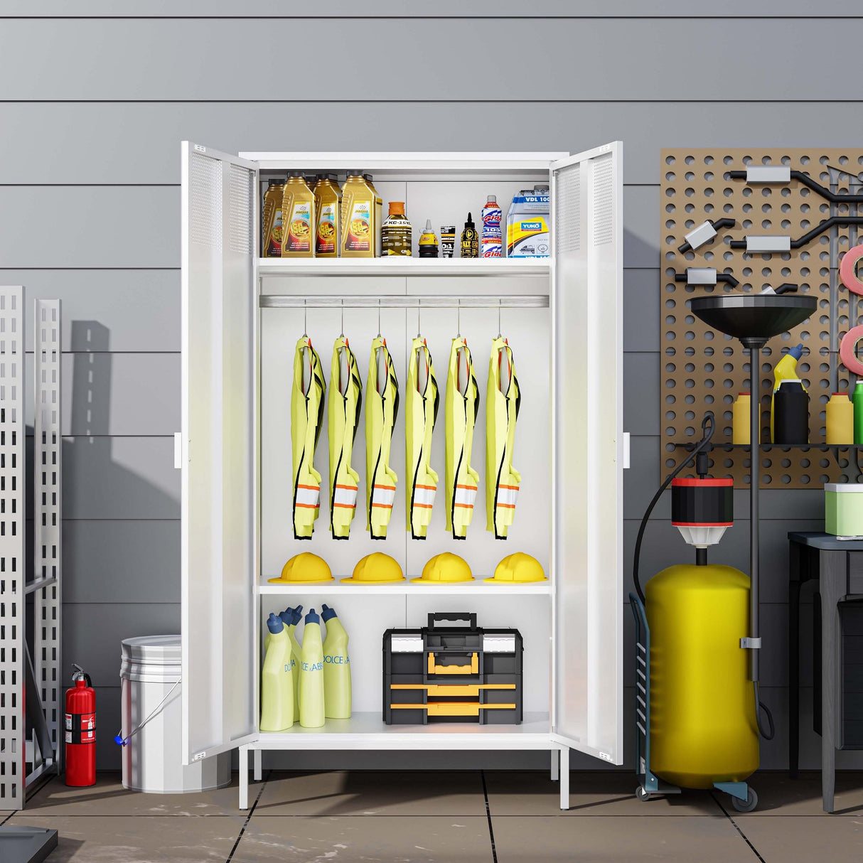 Ustamio White Metal Wardrobe Cabinet with Hanging Rod, Metal Armoire Wardrobe Closet with Doors for Bedroom, Office, Laundry Room and Changing Room, Metal Locker Cabinet Ustamio