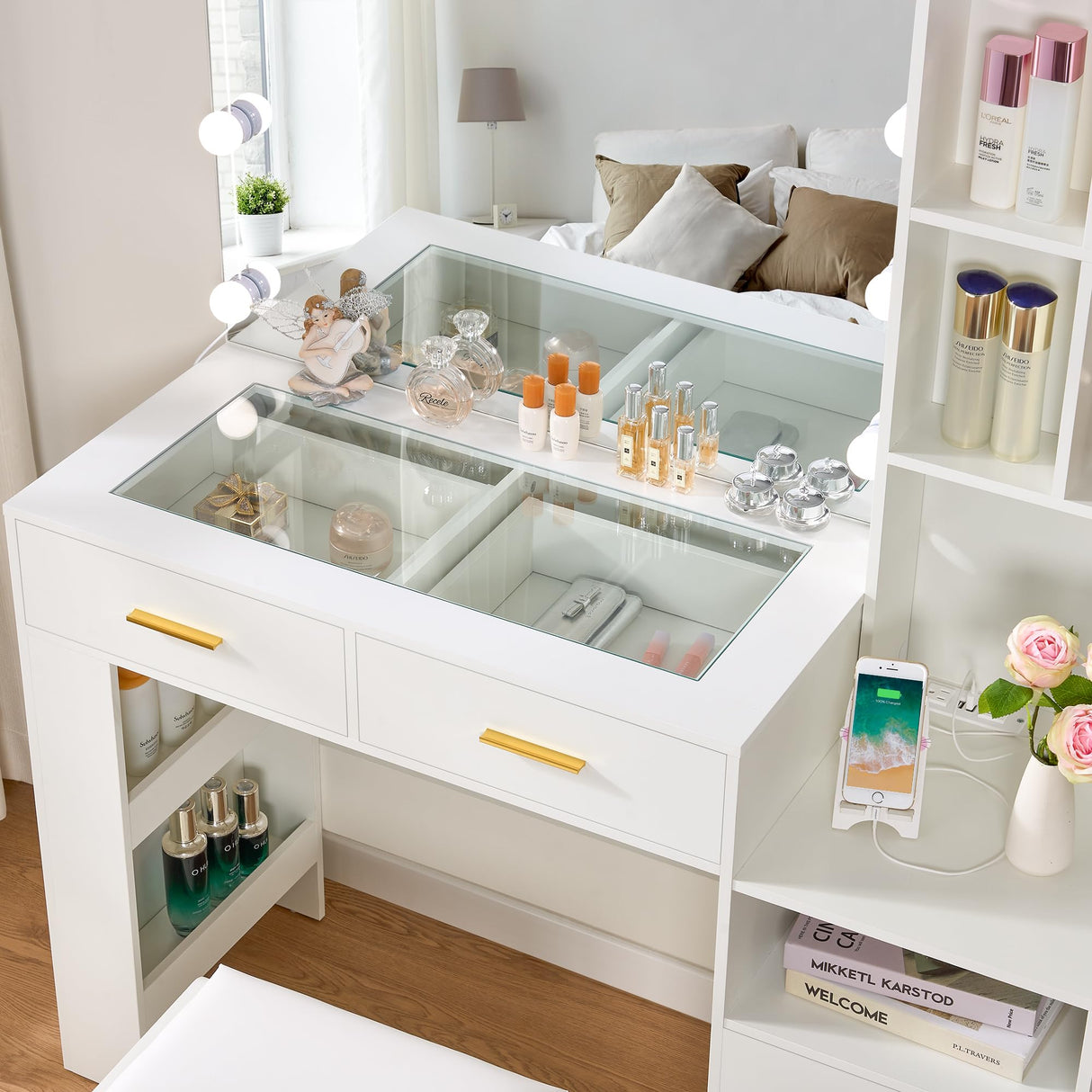 BEWISHOME White Vanity Desk with Mirror and Lights,Vanity with Glass Top,Makeup Vanity Set Makeup Desk Dressing Table,Vanity Table with Charging Station,Drawers,Nightstand,Makeup Table Vanity FST28W BEWISHOME