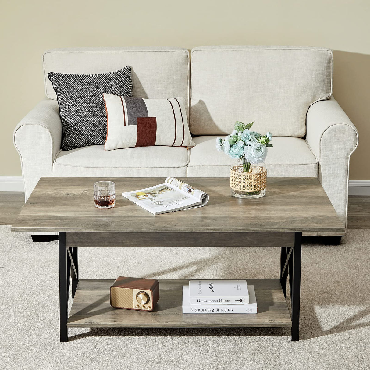 GreenForest Coffee Table Large 43.3 x 23.6 inch Rustic Farmhouse with Storage Shelf for Living Room, Easy Assembly, Grey WASH GreenForest