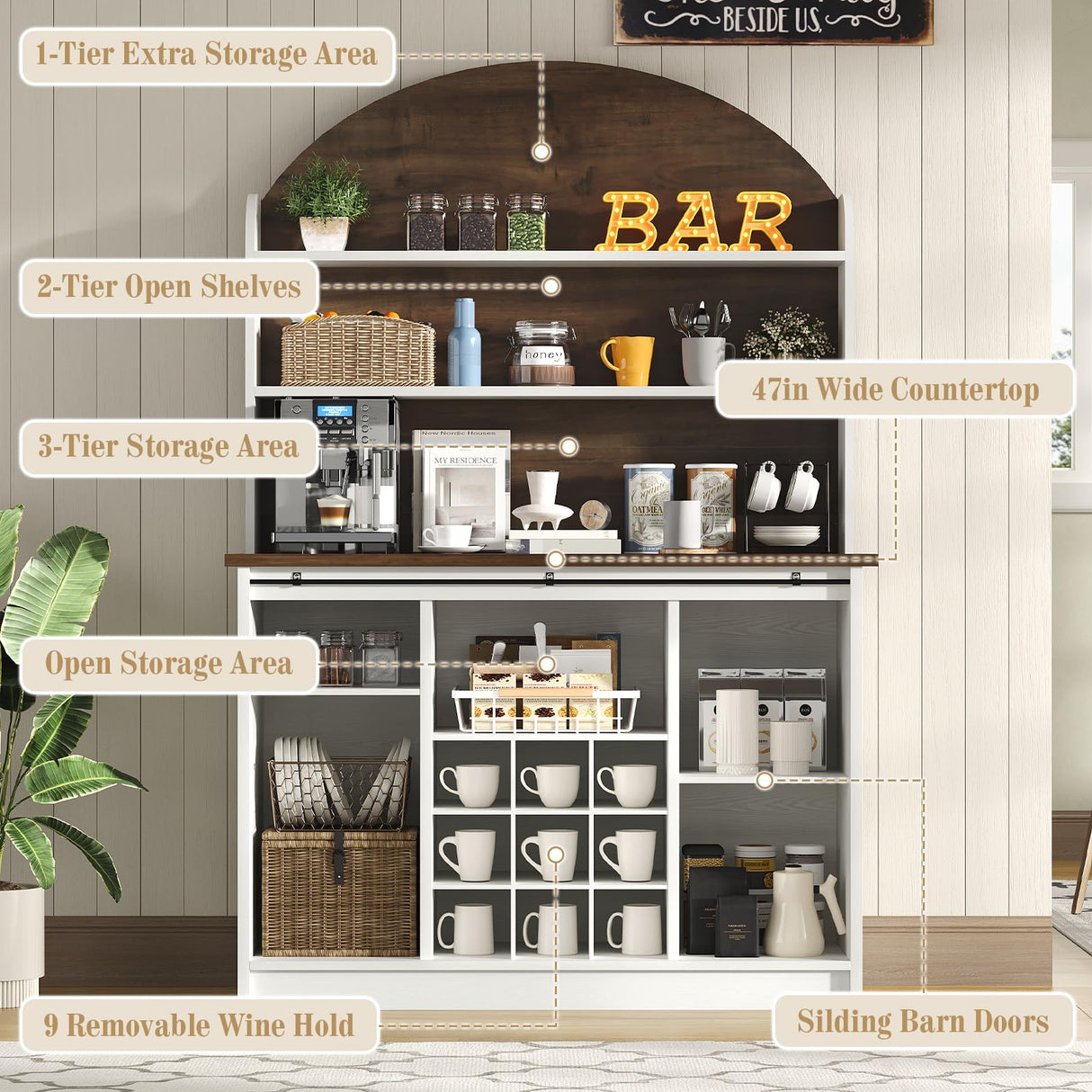4 EVER WINNER Farmhouse Coffee Bar with 3-Tier Storage, 67” Tall Coffee Bar Cabinet with Sliding Barn Doors, White Buffet Cabinet with Hutch & 9 Wine Racks, White 4 EVER WINNER