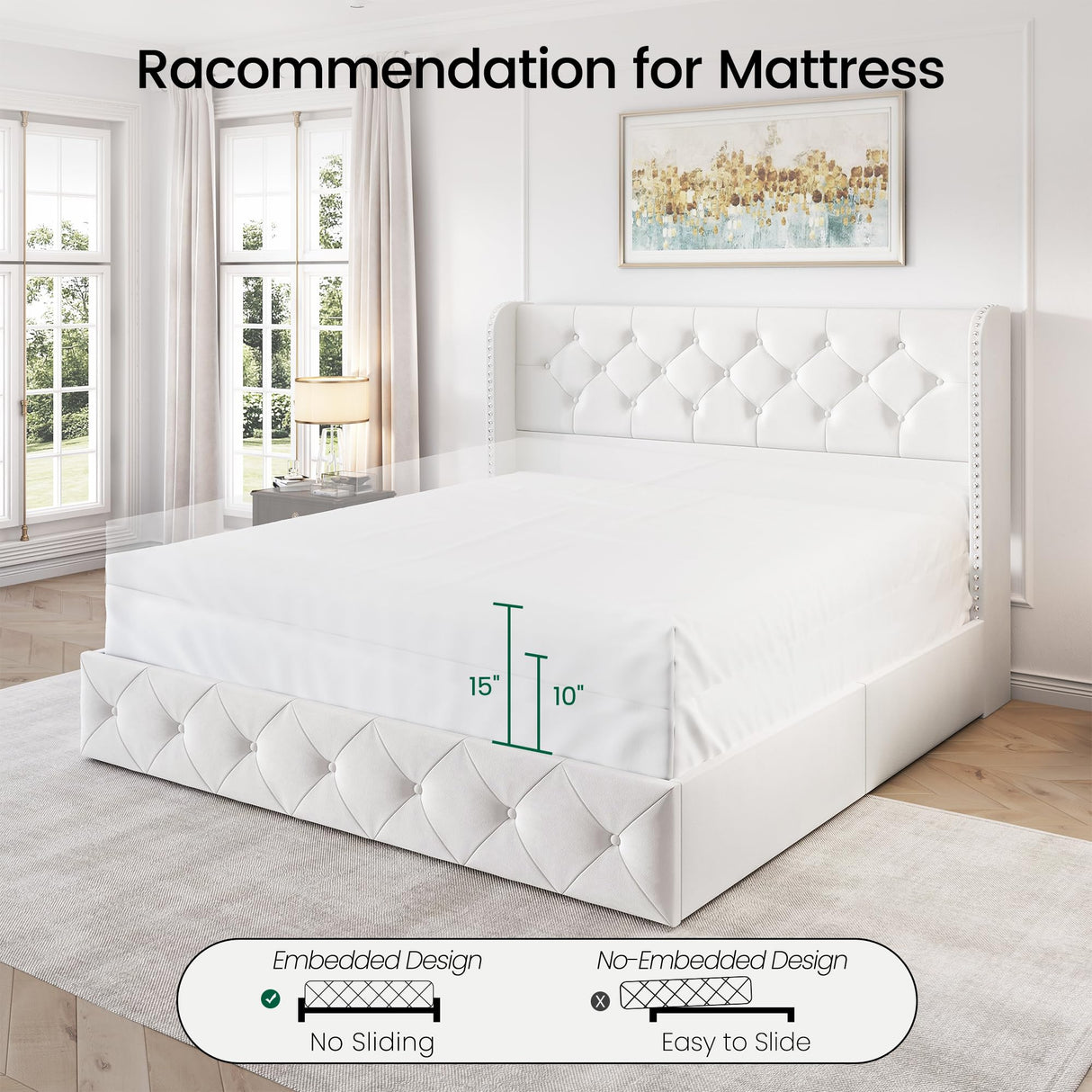 LARMACE Queen Size Bed Frame with 4 Storage Drawers and Wingback Headboard Velvet Upholstered Platform Bed Frame Tufted Beds with Wooden Slats Support, Easy Assembly, White LARMACE