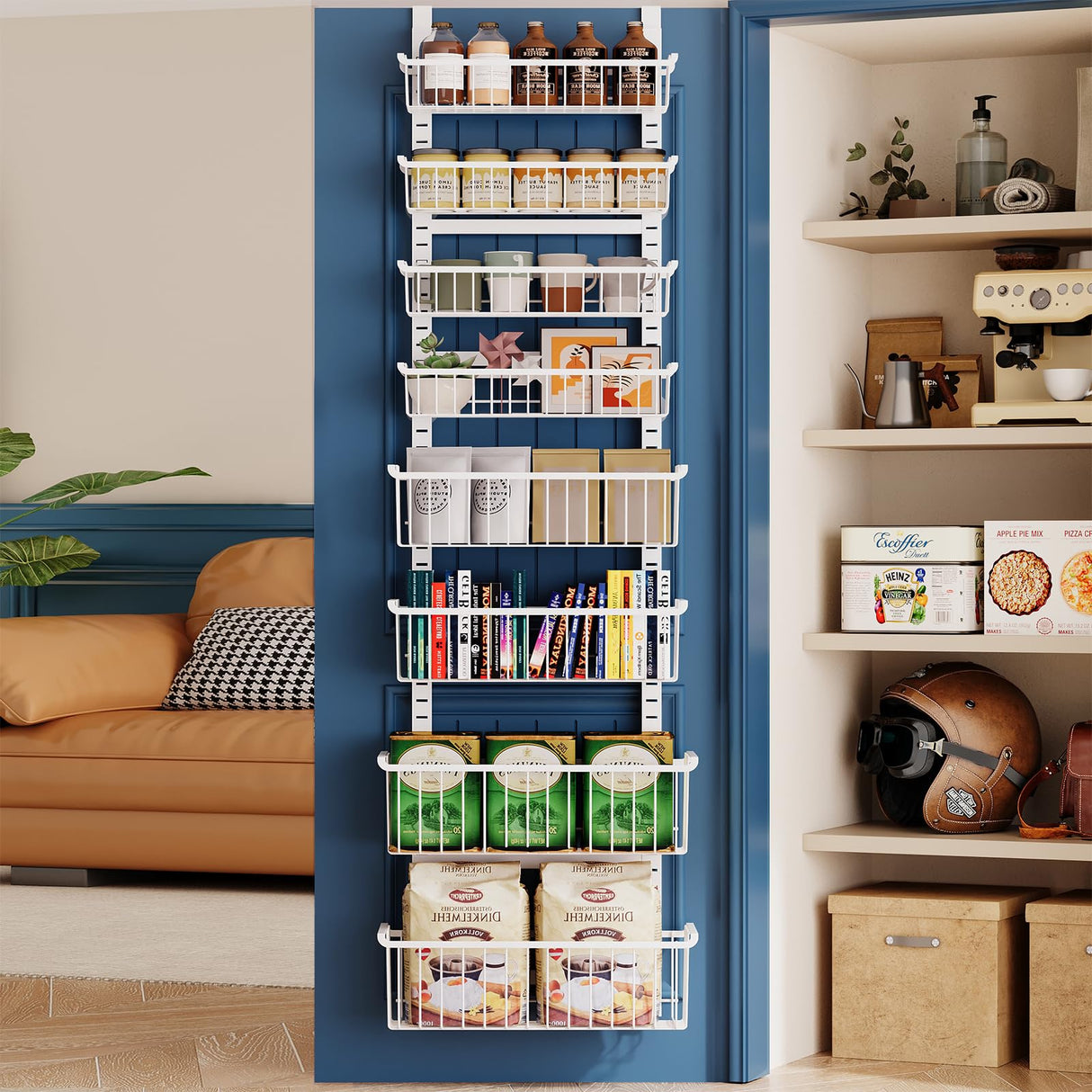 Over The Door Pantry Organizer, 8-Tier Over The Door Organizer with Adjustable Baskets, Metal Hanging Spice Rack for Pantry Organizers and Storage, Suitable for Kitchen Laundry Room & Bathroom, White MSERCUOR