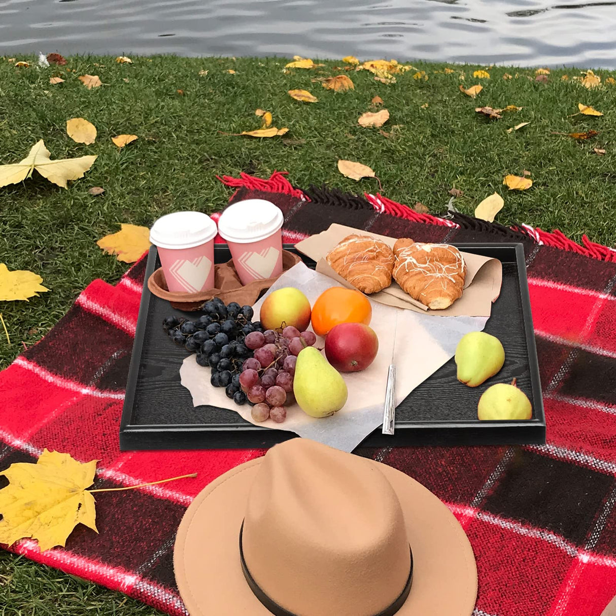 17.7 x 13 Inches Extra Large Solid Wood Serving Tray Tea Coffee Table Tray Snack Food Meals Serving Plate Kitchen Party Bar Server Breakfast Tray with Raised Edges Black Ottoman Tray Rectangle XKXKKE