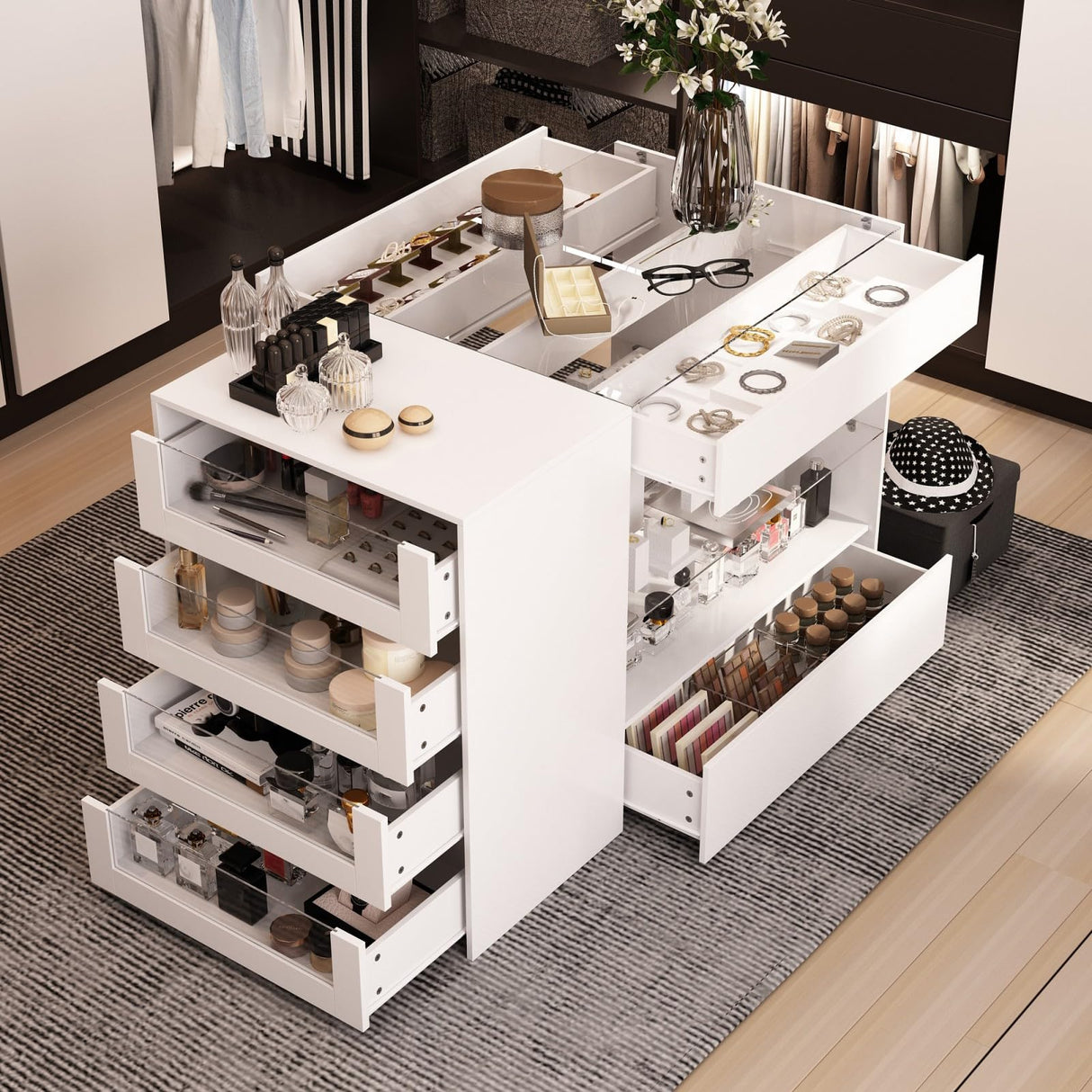 MOUMON Makeup Vanity Storage Island with Drawers and Shelves, Wardrobe Closet Island with Glass Tabletop, for Dressing Room Cloakroom White (47.2”W x 23.6”D x 31.5”H) MOUMON