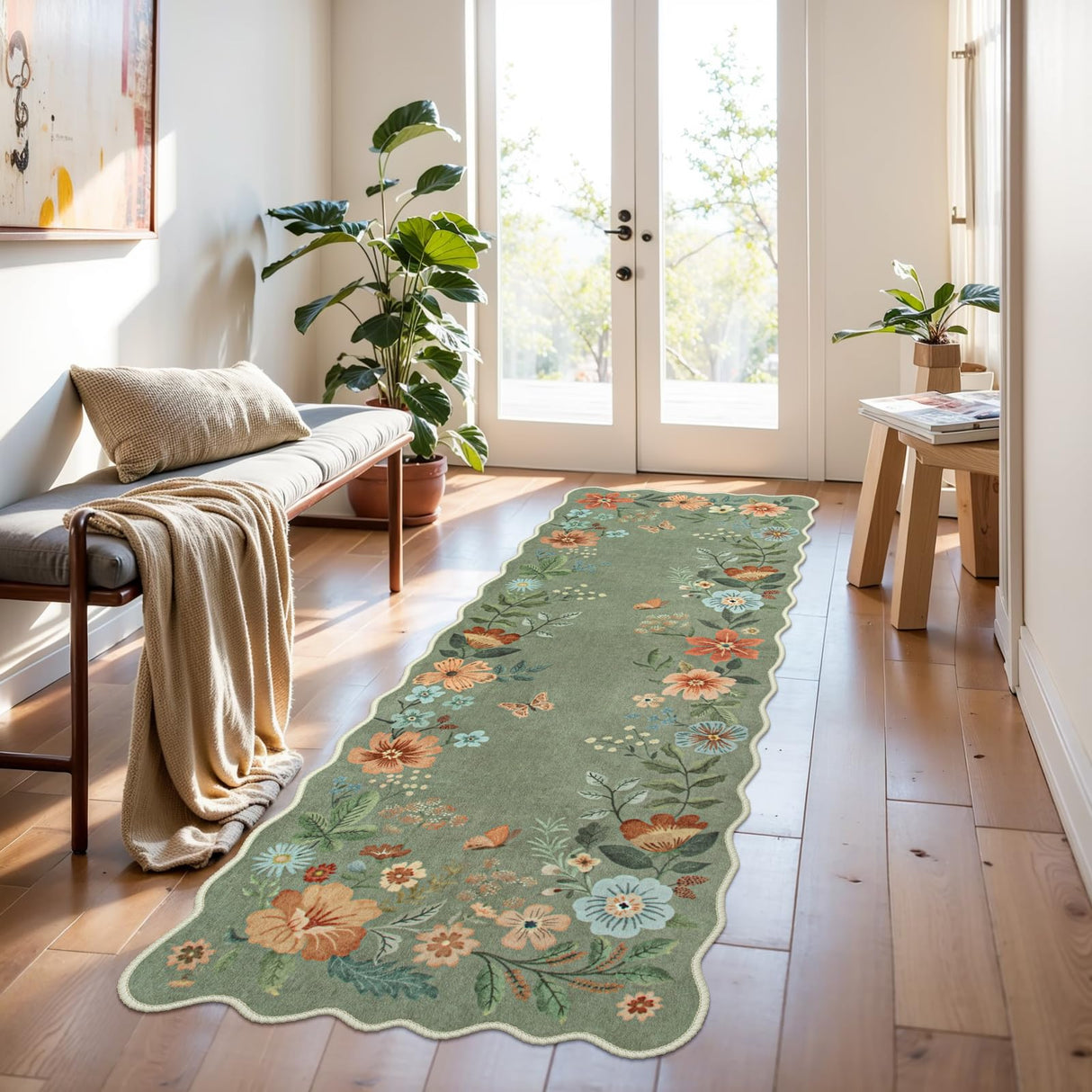 Lahome Floral Runners for Hallways, 2X6 Kitchen Runner Rug Ultra-Thin Soft Rug, Non-Slip Washable Rug Runner Stain Resistant Boho Rug Low-Pile Carpet Runner for Laundry Bathroom Bedroom(2x6ft,Green) Lahome