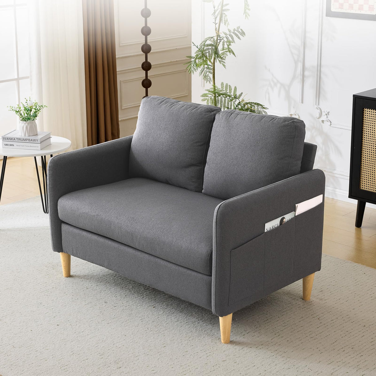 VINGLI 47" Small Couch, Dark Grey Linen Loveseat Sofa Mini Couch Mid Century Modern Decor Love Seat for Small Spaces Living Room, Bedroom, Play Room VINGLI