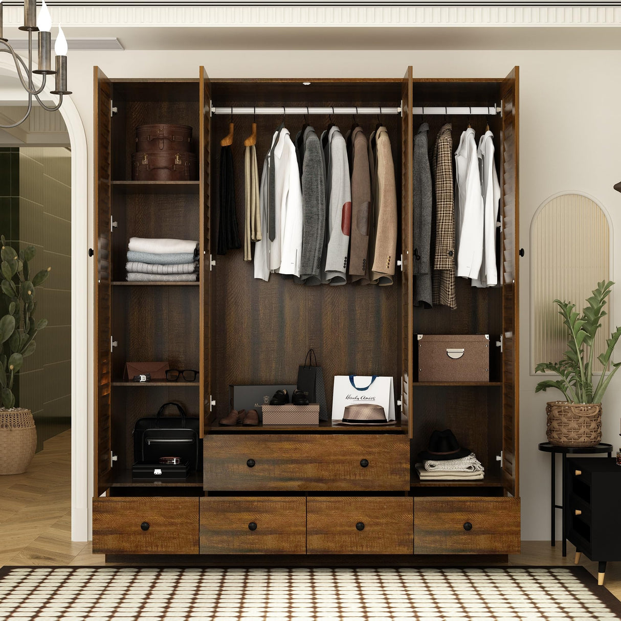 ECACAD Large Wardrobe Armoire with Multi-Tier Shelves, 5 Drawers, Hanging Rod & 4 Louver Doors, Wooden Closet Storage Cabinet for Bedroom, Black Brown (59.1”W x 19.1”D x 70.5”H) ECACAD