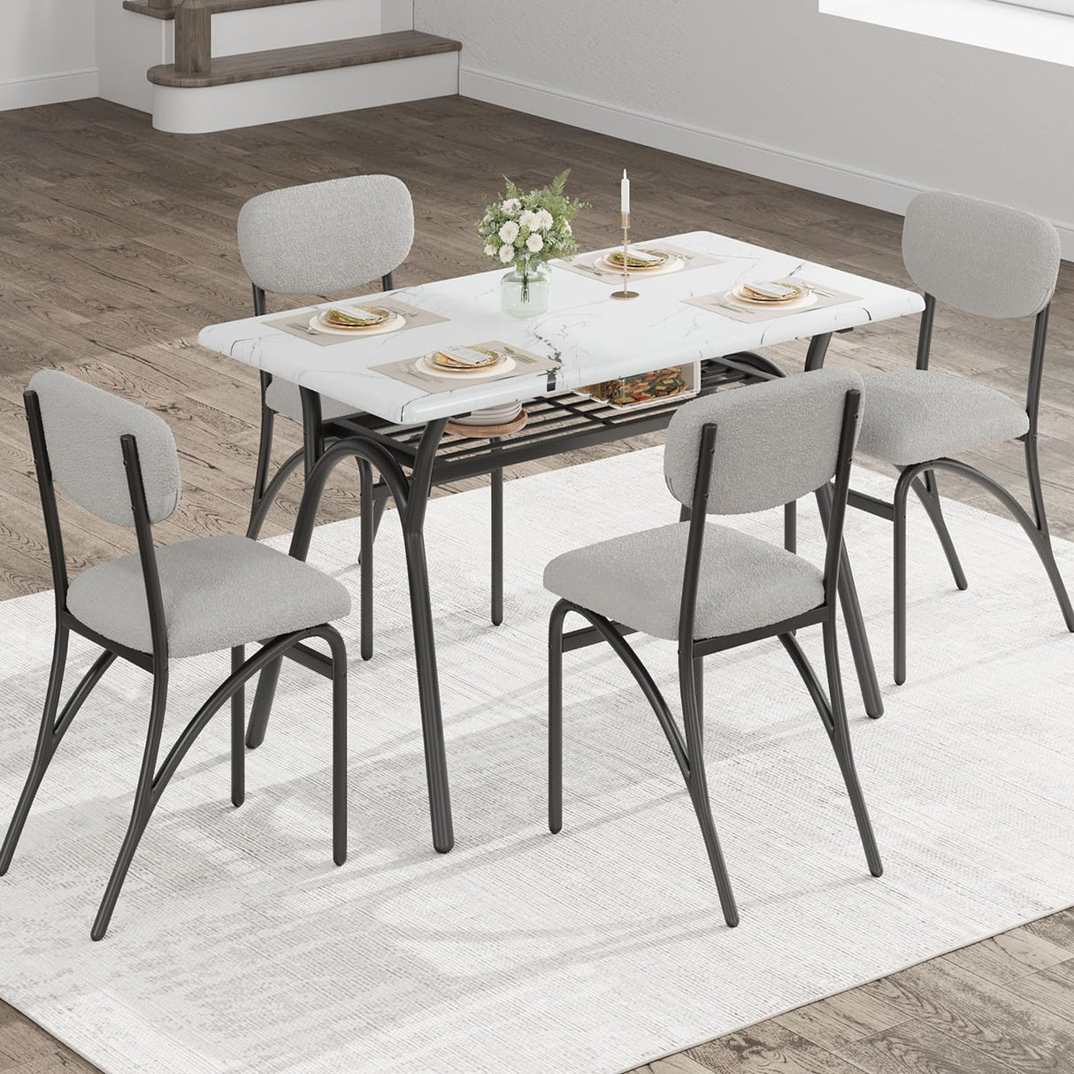 GarveeHome 5-Piece Dining Table Set for 4, Modern Kitchen Table with 4 Boucle Chairs, Rectangular Dining Table with Storage Shelf & Marble Tabletop, Beige Home Dining Furniture for Small Space GarveeHome