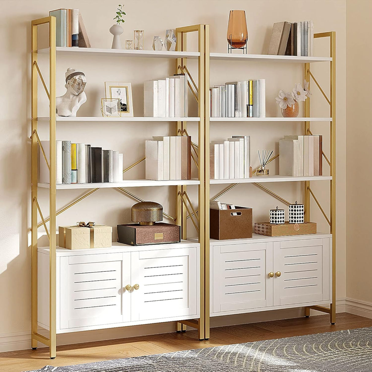 YITAHOME Bookshelf with Storage Cabinet, Modern Bookcase Standing 5 Tiers Book Shelves Display Rack with Doors for Bedroom Living Room Office, White Gold YITAHOME