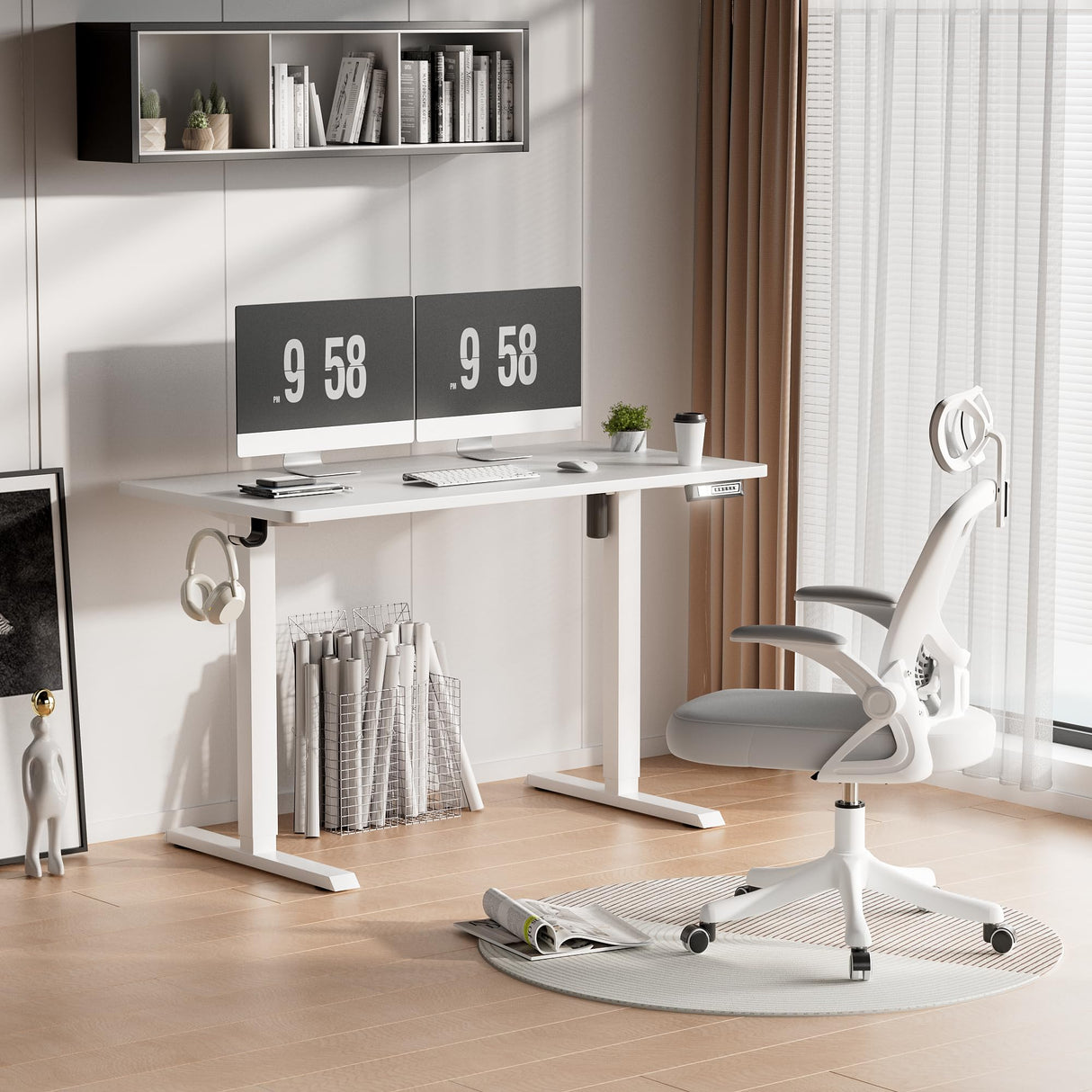 Furmax Electric Standing Desk, 47 x 24 Inches Height Adjustable Desk with Removable Casters, Home Office Computer Desk (White) Furmax