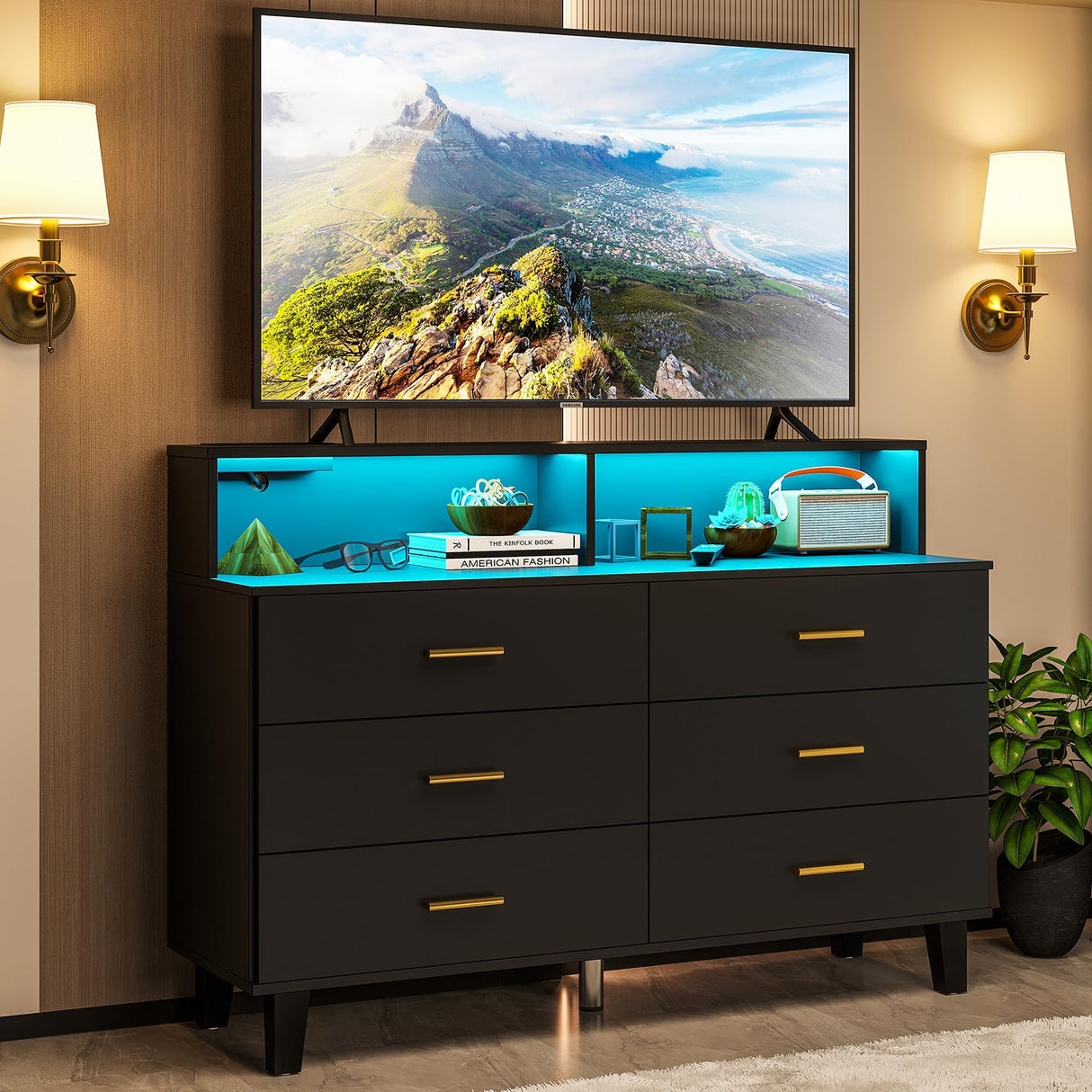 knoworld Black Dresser with LED Lights, 6 Drawer Dresser with Power Outlet for Bedroom, Large Wooden Chest of Drawers, Organizer Cabinet for Bedroom,Living Room,Hallway, Entryway knoworld